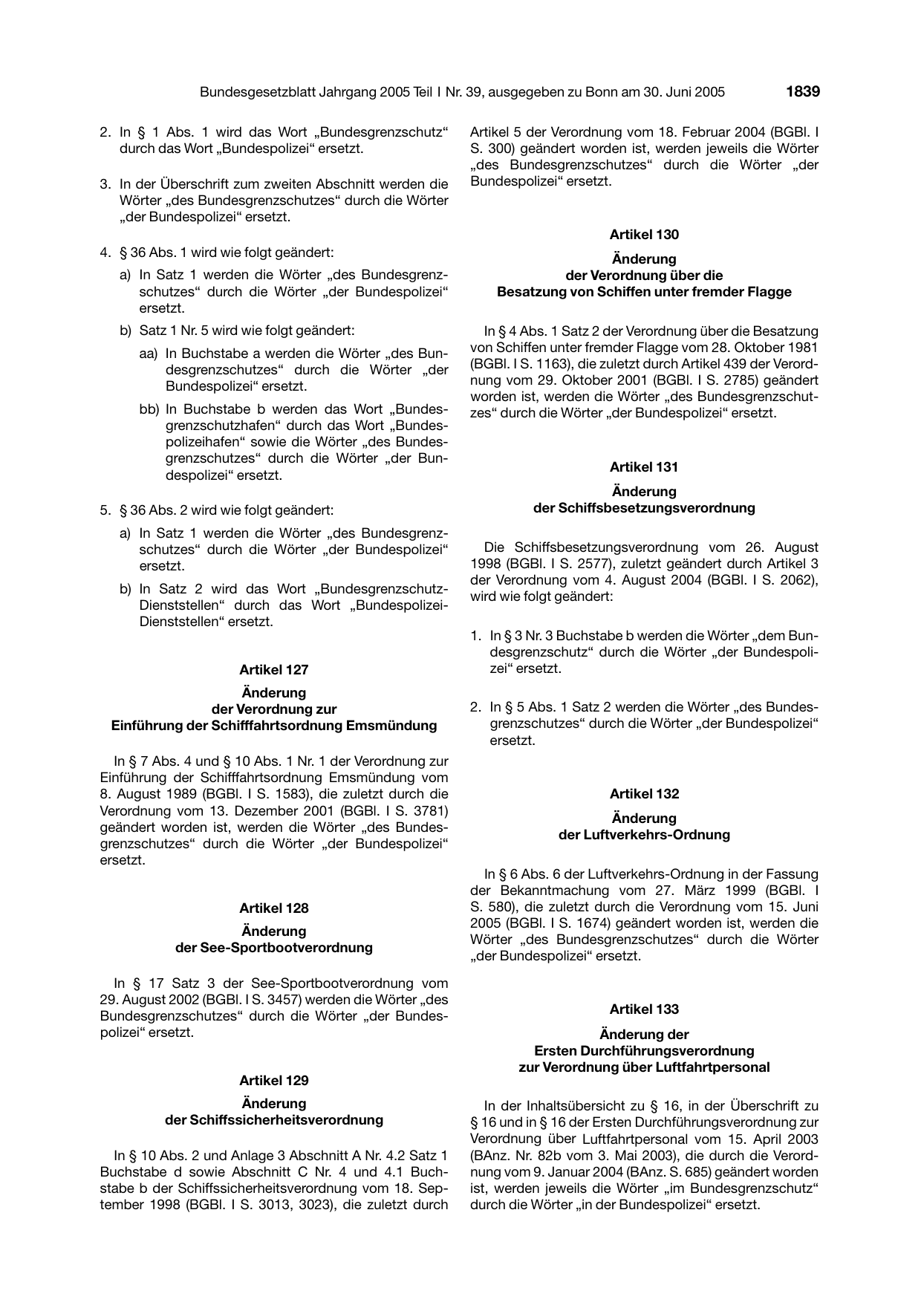 BGBl. 2005, Seite 1839 — Originalseite als Abbildung