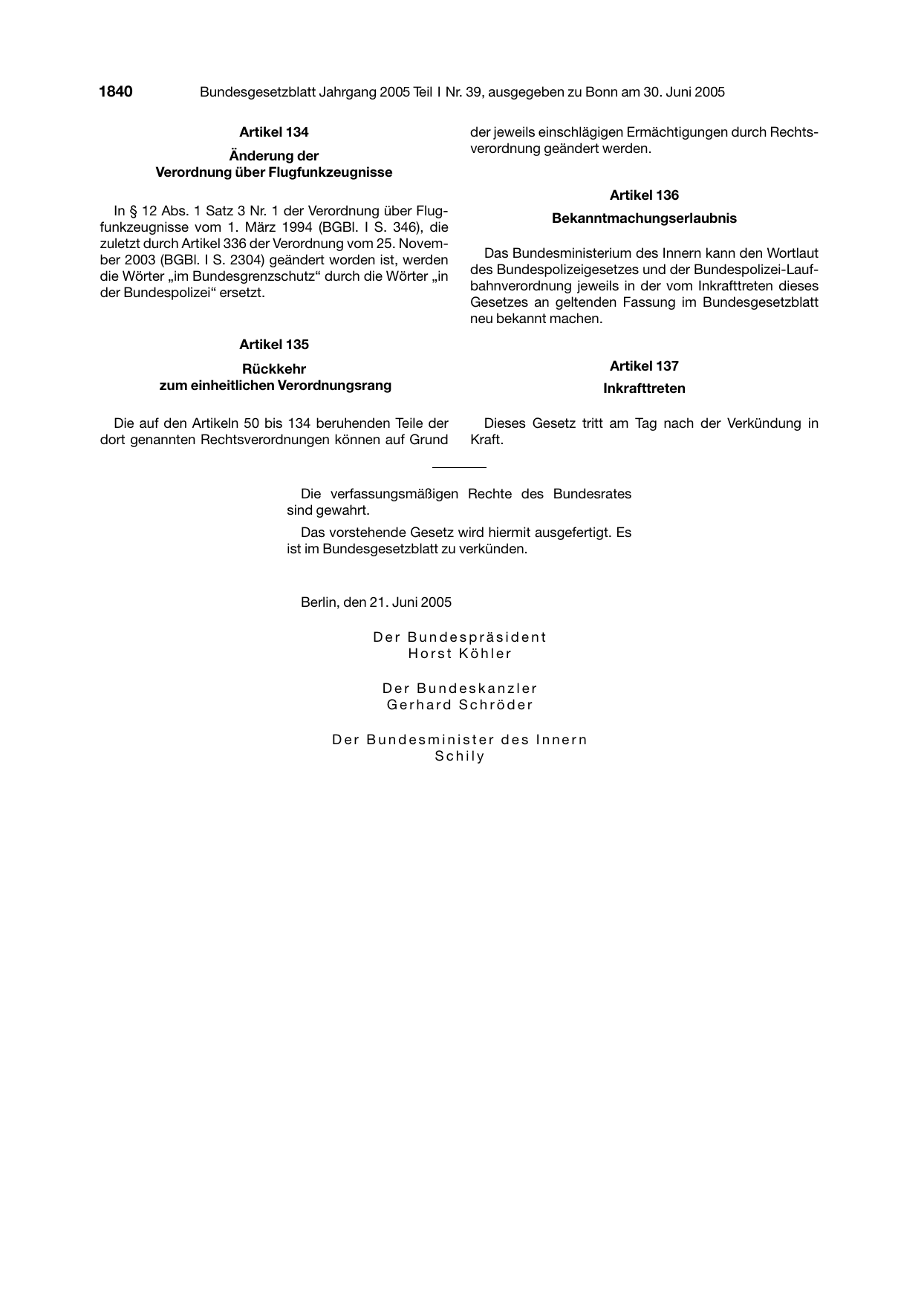 BGBl. 2005, Seite 1840 — Originalseite als Abbildung
