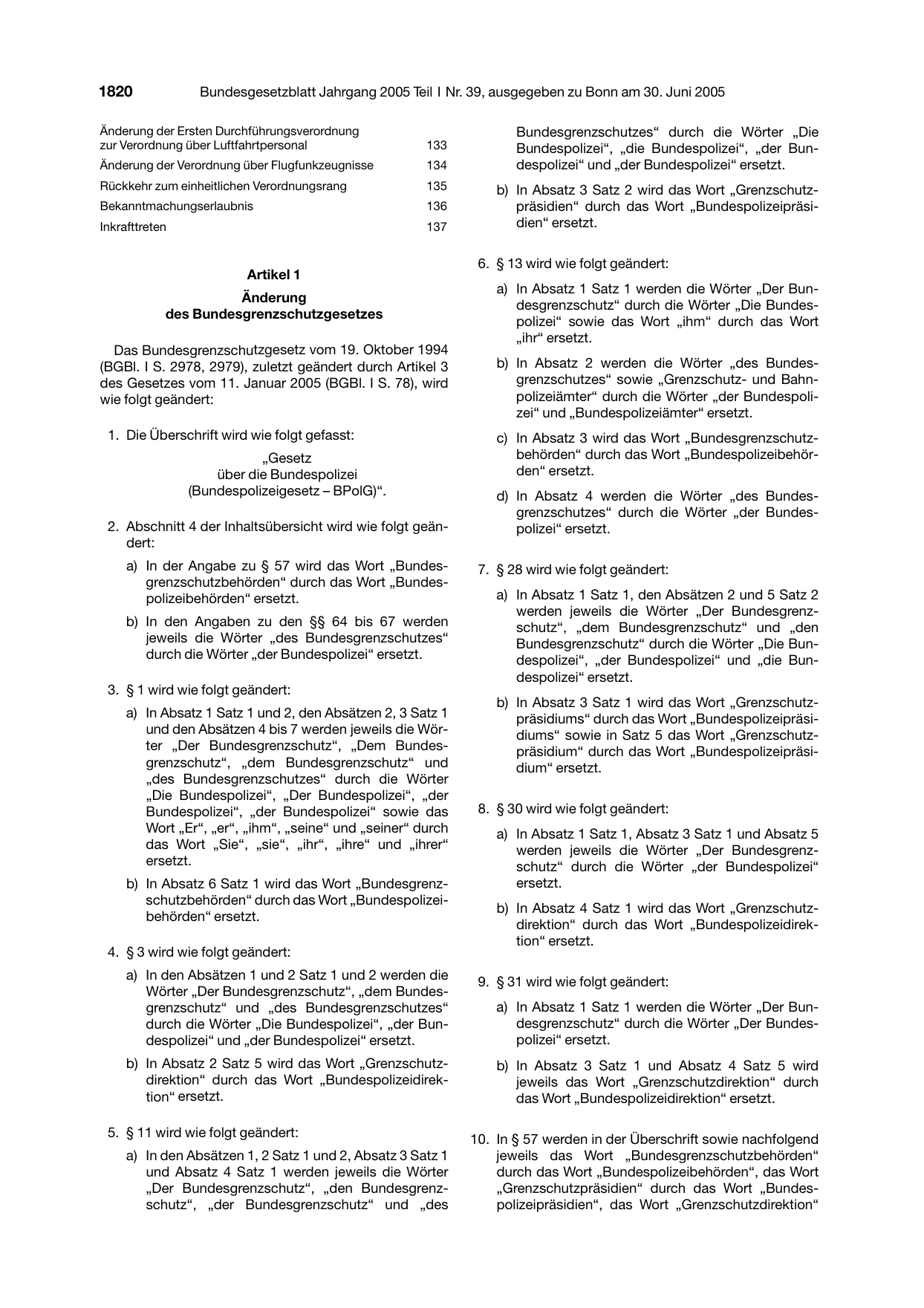 BGBl. 2005, Seite 1820 — Originalseite als Abbildung