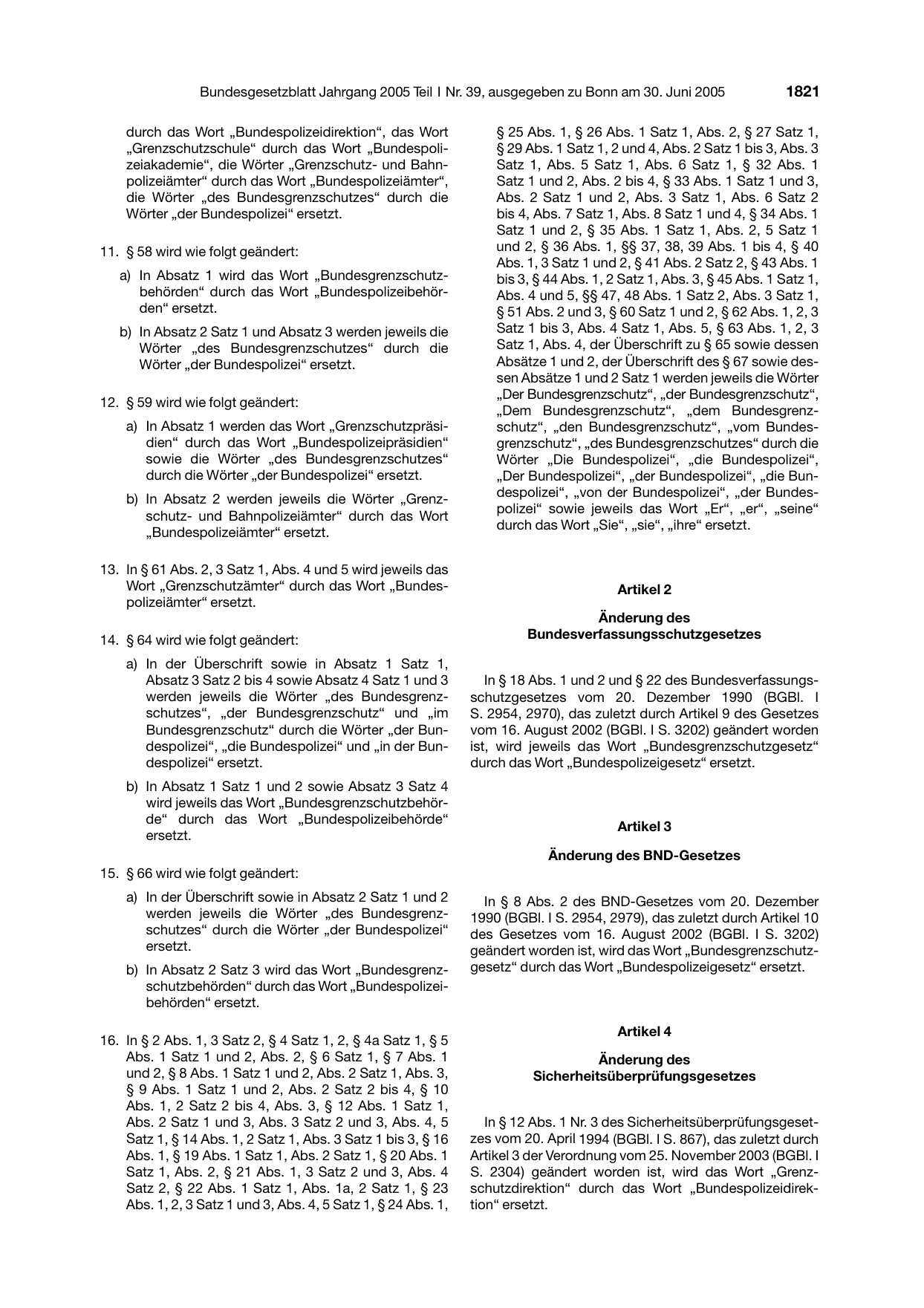 BGBl. 2005, Seite 1821 — Originalseite als Abbildung