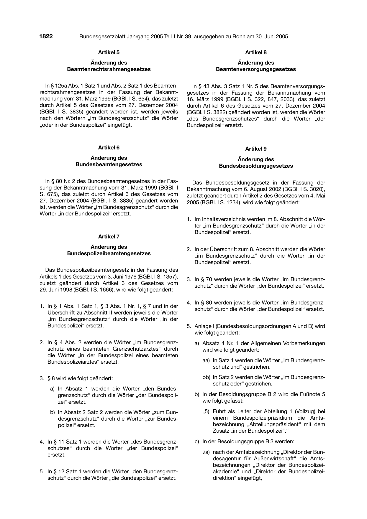 BGBl. 2005, Seite 1822 — Originalseite als Abbildung
