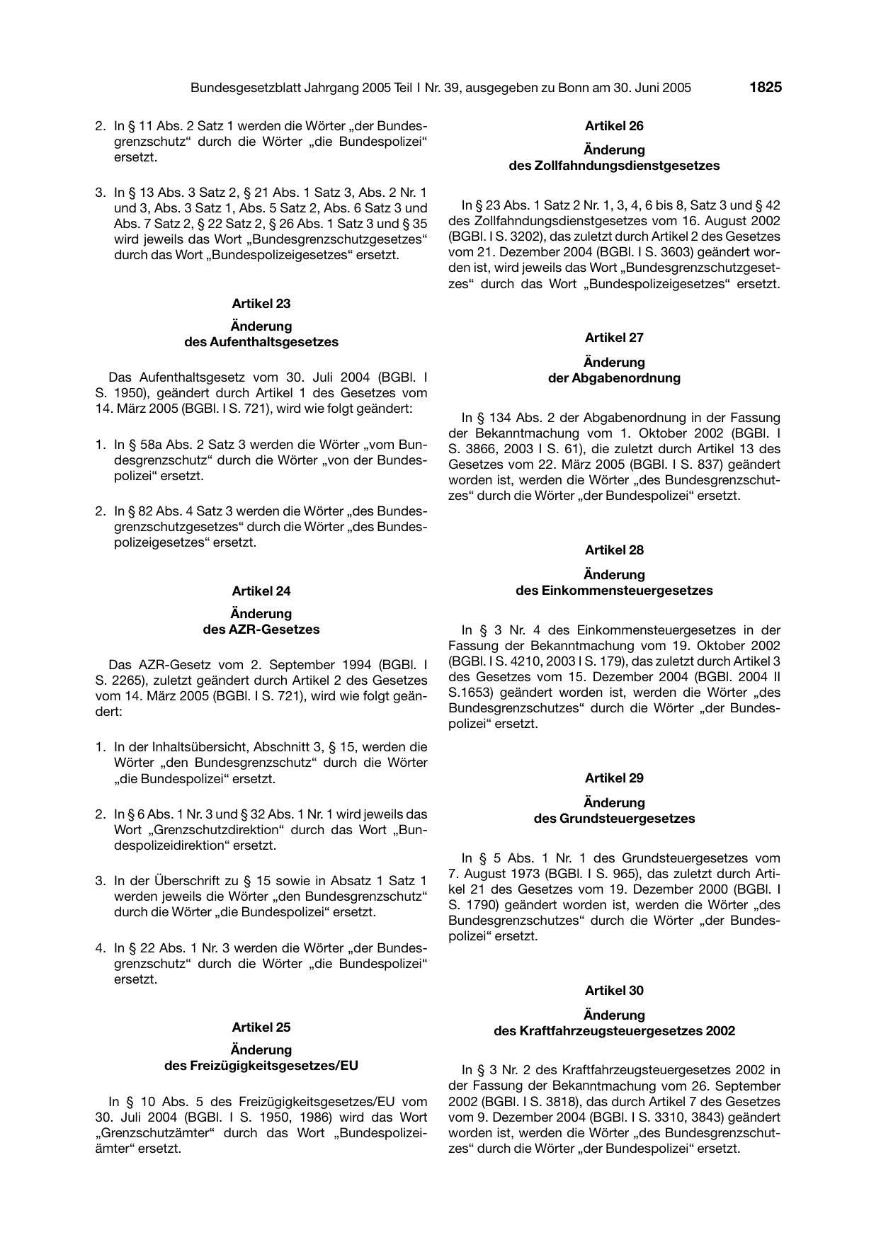 BGBl. 2005, Seite 1825 — Originalseite als Abbildung