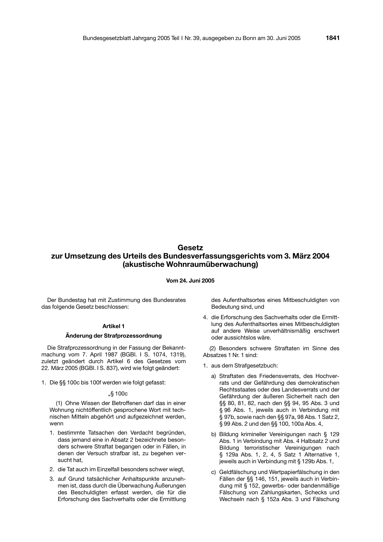BGBl. 2005, Seite 1841 — Originalseite als Abbildung