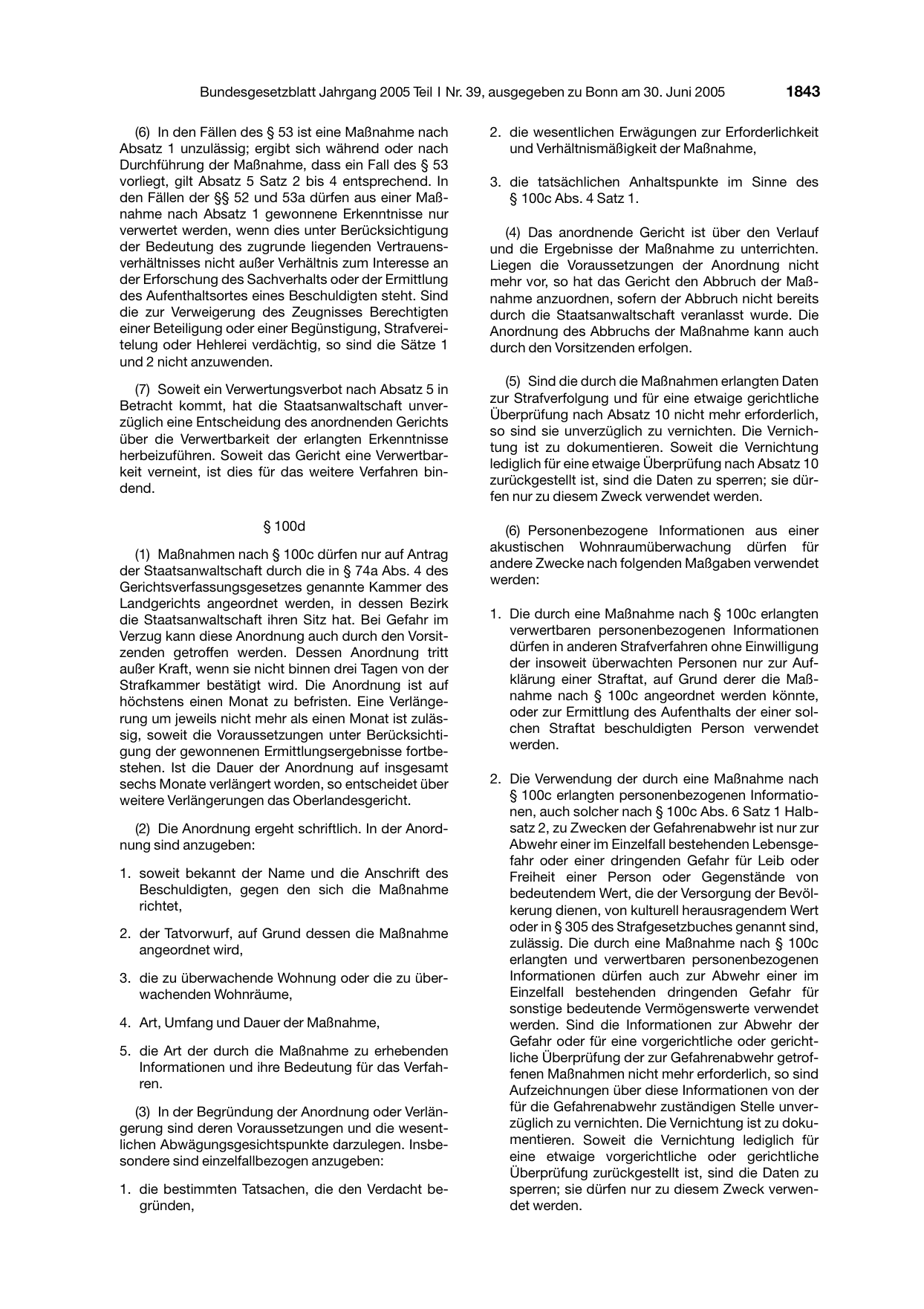 BGBl. 2005, Seite 1843 — Originalseite als Abbildung