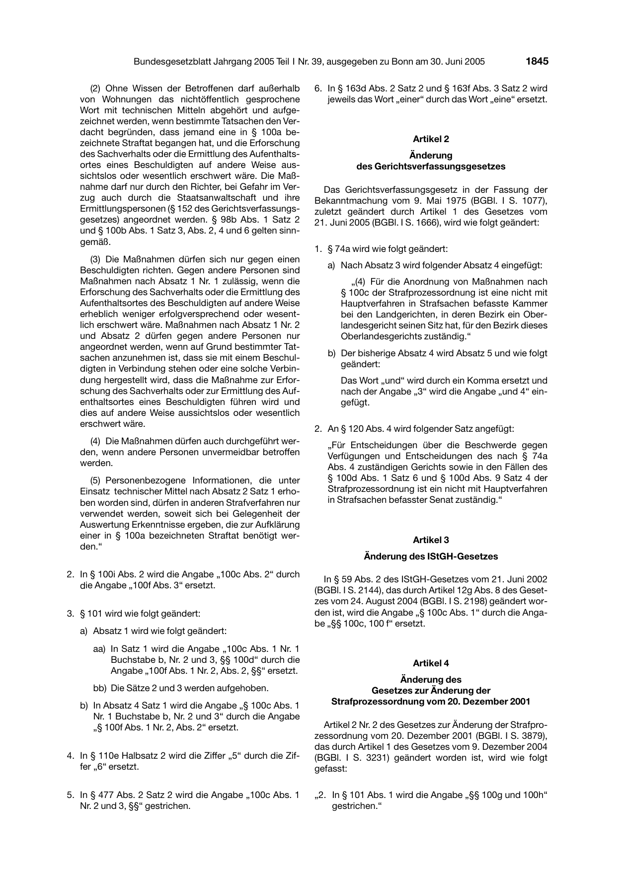 BGBl. 2005, Seite 1845 — Originalseite als Abbildung