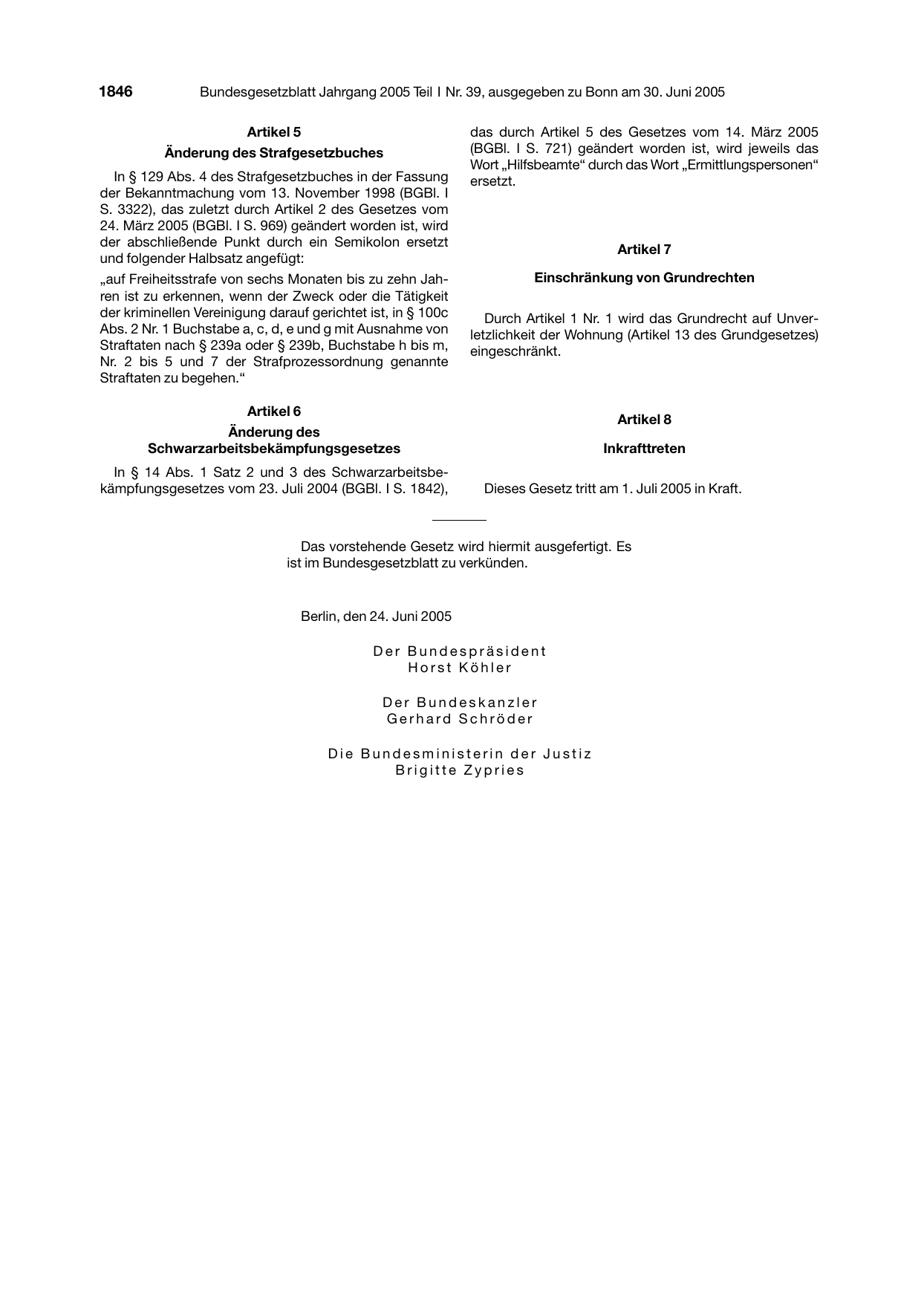 BGBl. 2005, Seite 1846 — Originalseite als Abbildung