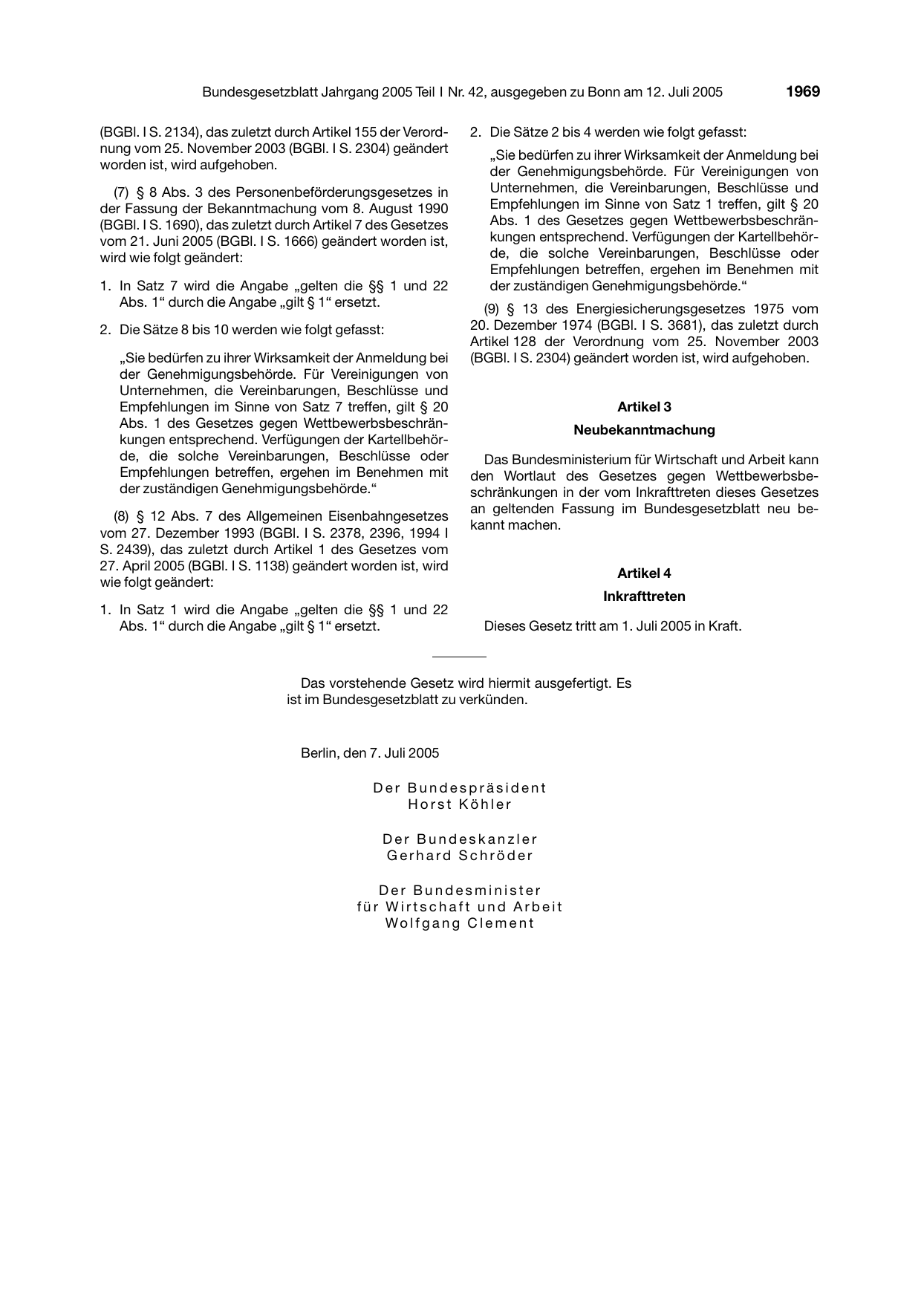 BGBl. 2005, Seite 1969 — Originalseite als Abbildung