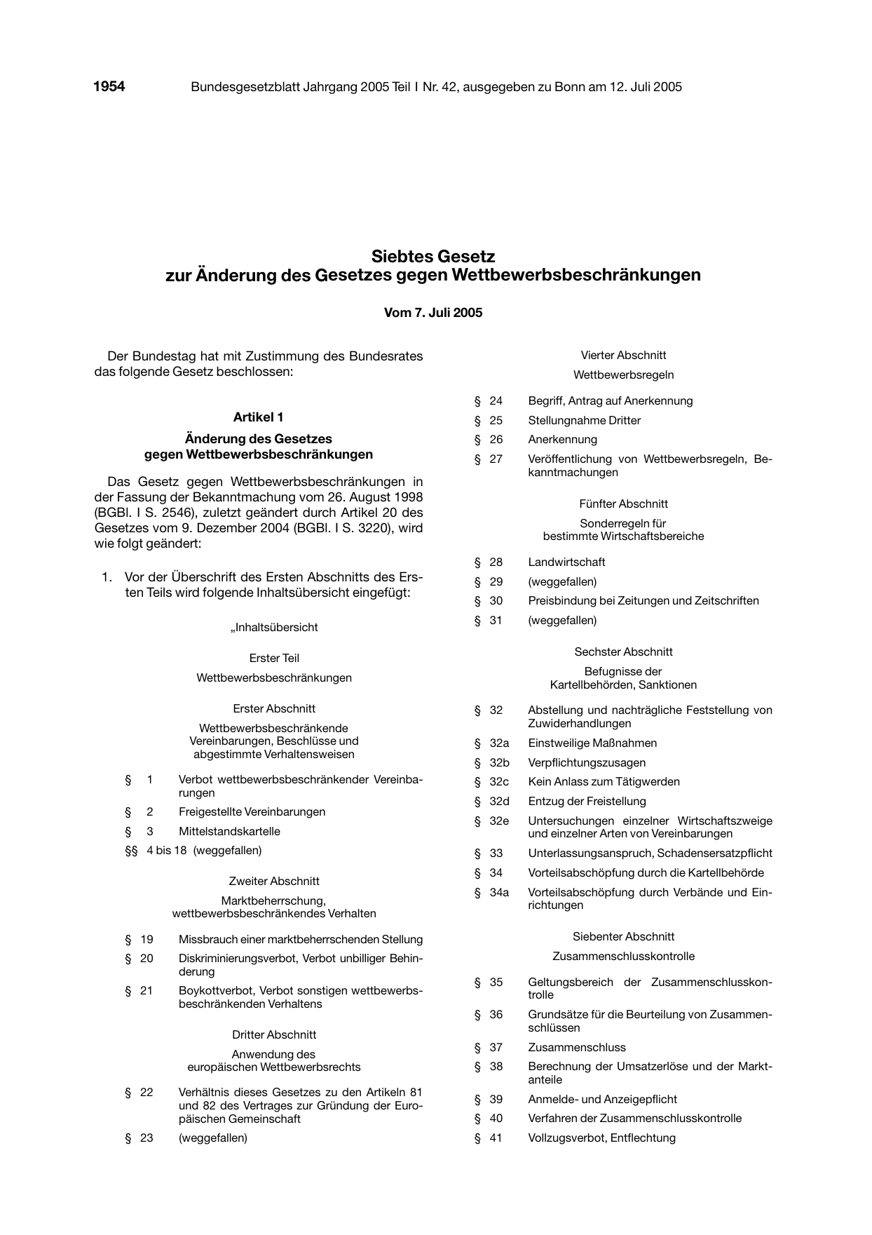BGBl. 2005, Seite 1954 — Originalseite als Abbildung