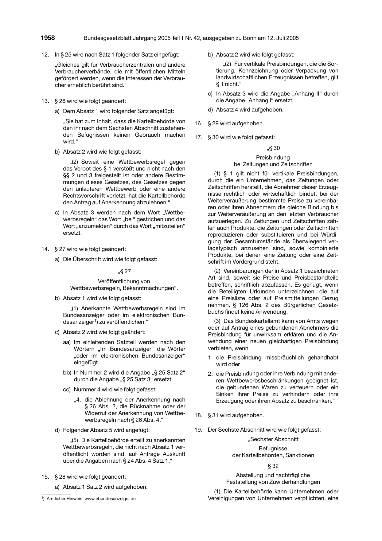 BGBl. 2005, Seite 1958 — Originalseite als Abbildung