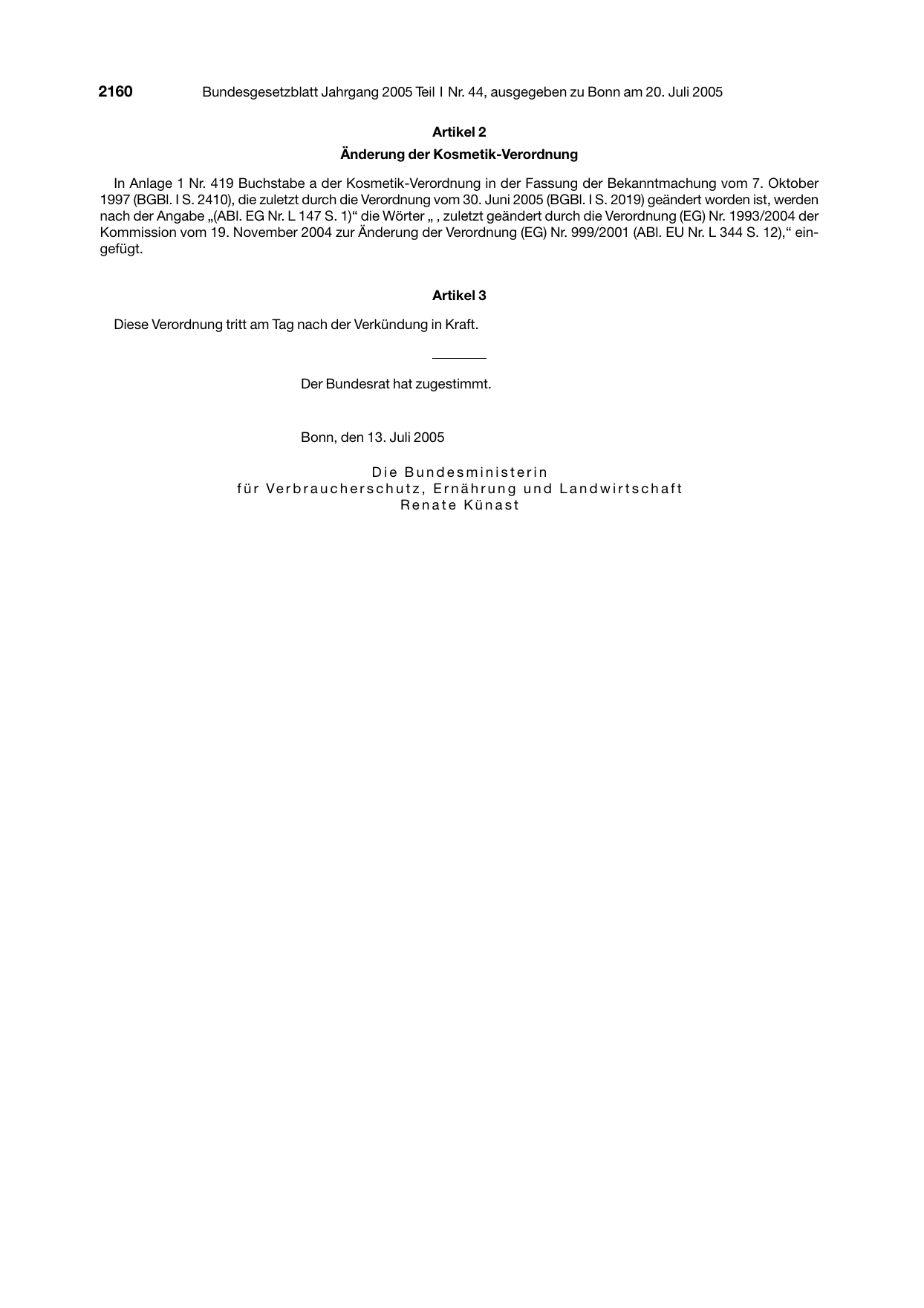 BGBl. 2005, Seite 2160 — Originalseite als Abbildung