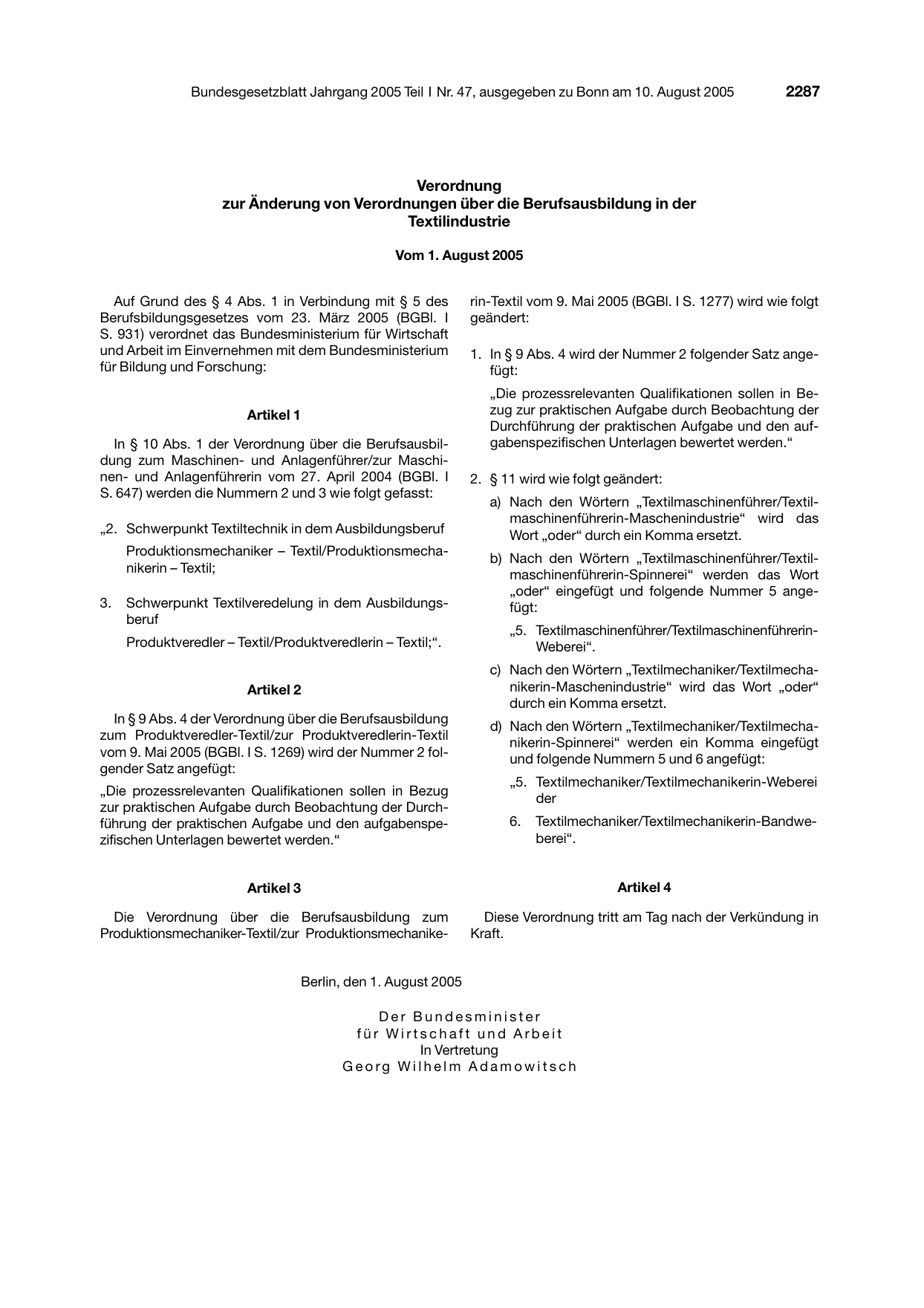 BGBl. 2005, Seite 2287 — Originalseite als Abbildung