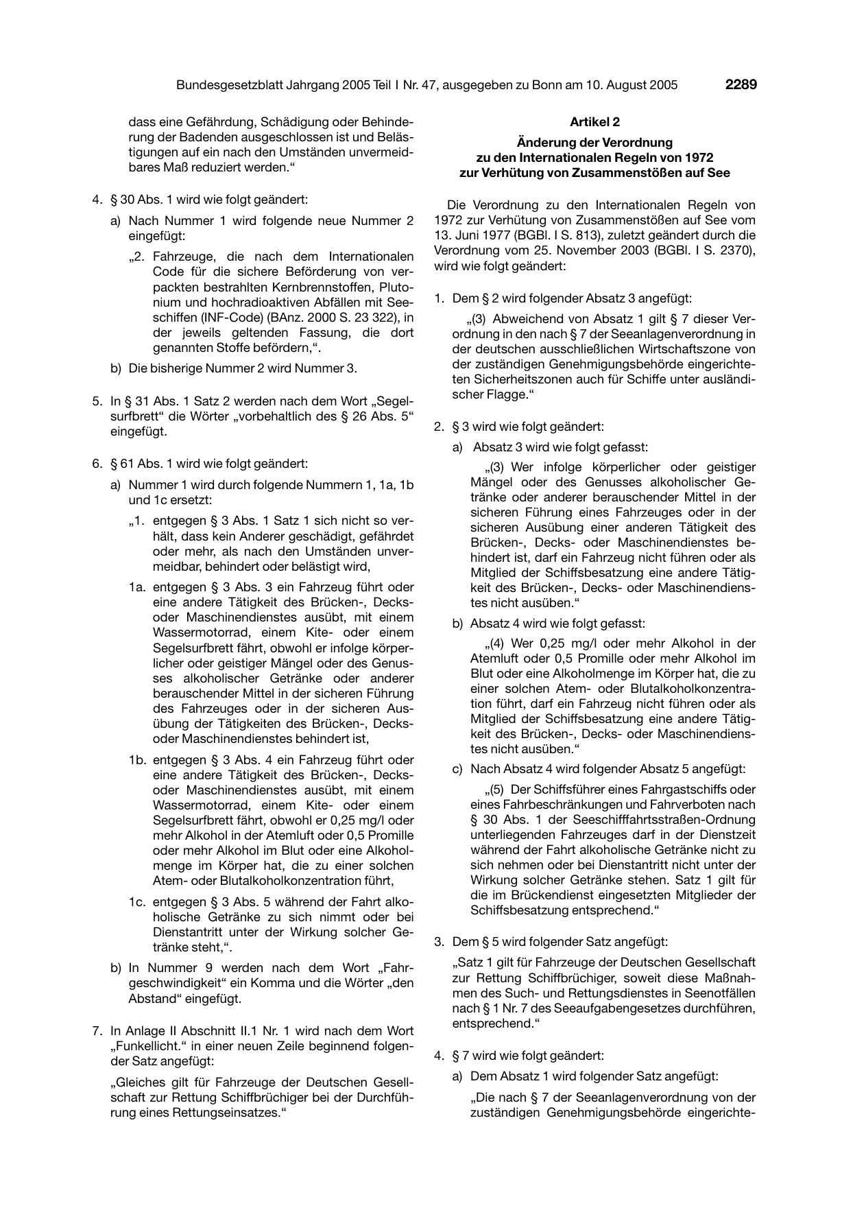 BGBl. 2005, Seite 2289 — Originalseite als Abbildung