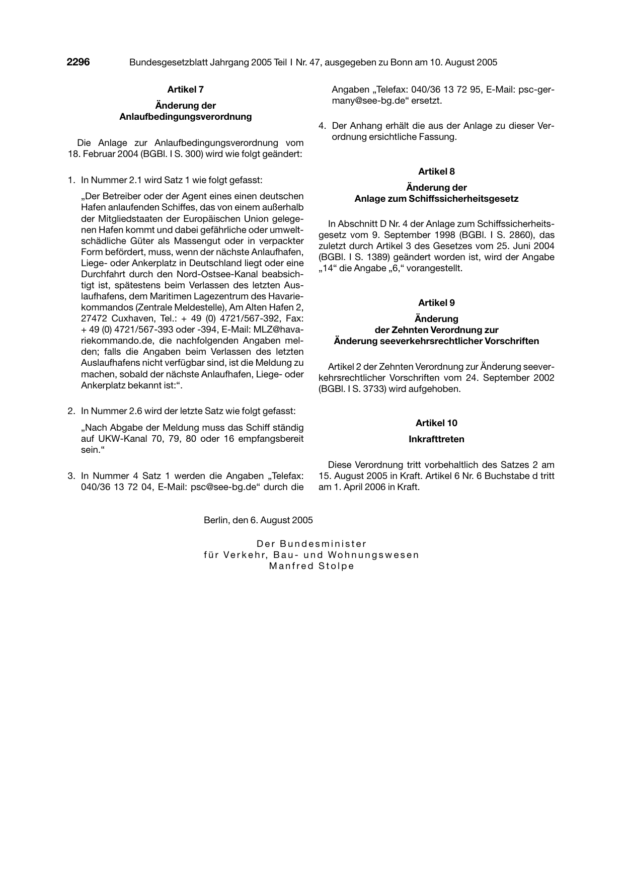 BGBl. 2005, Seite 2296 — Originalseite als Abbildung