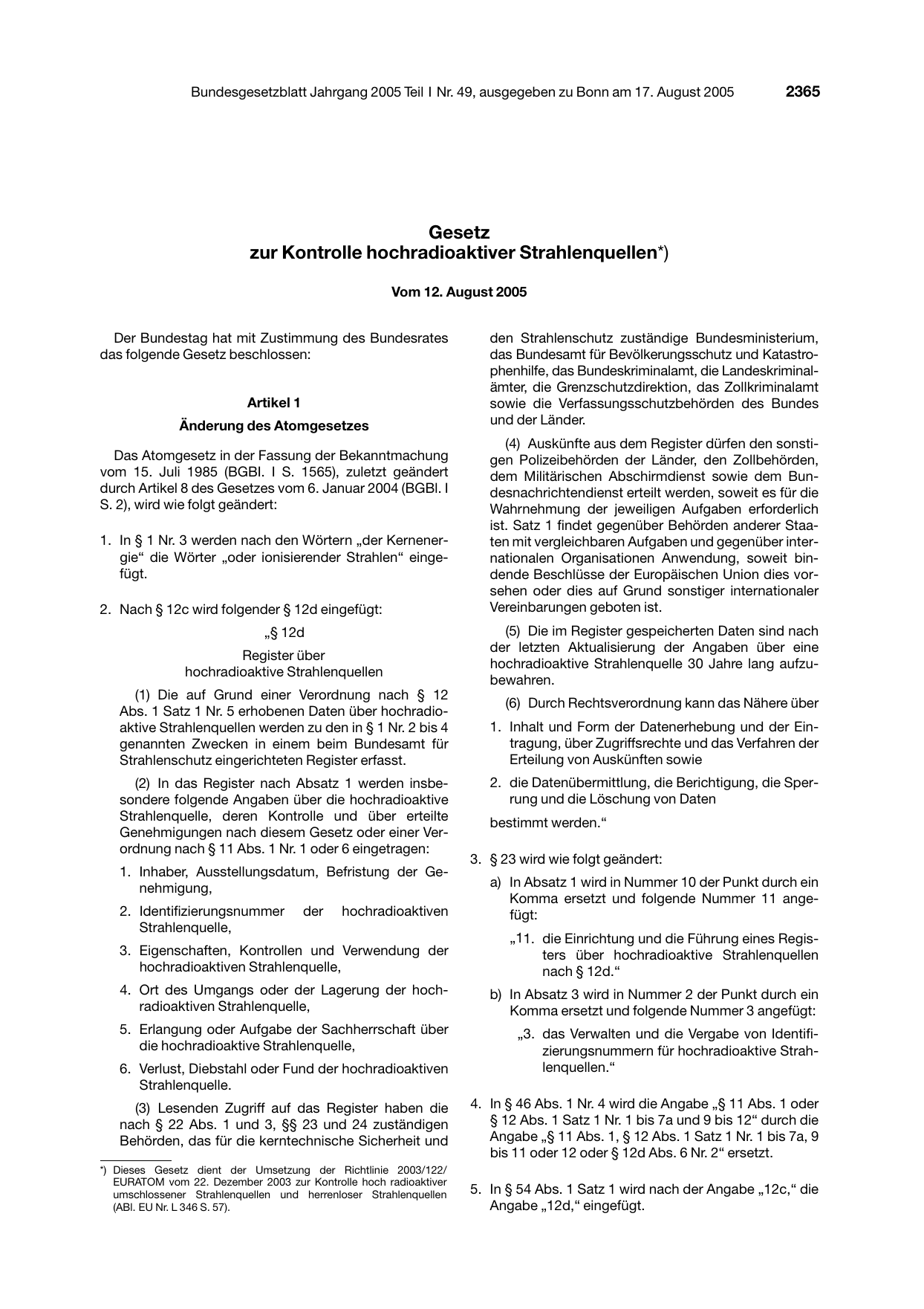 BGBl. 2005, Seite 2365 — Originalseite als Abbildung