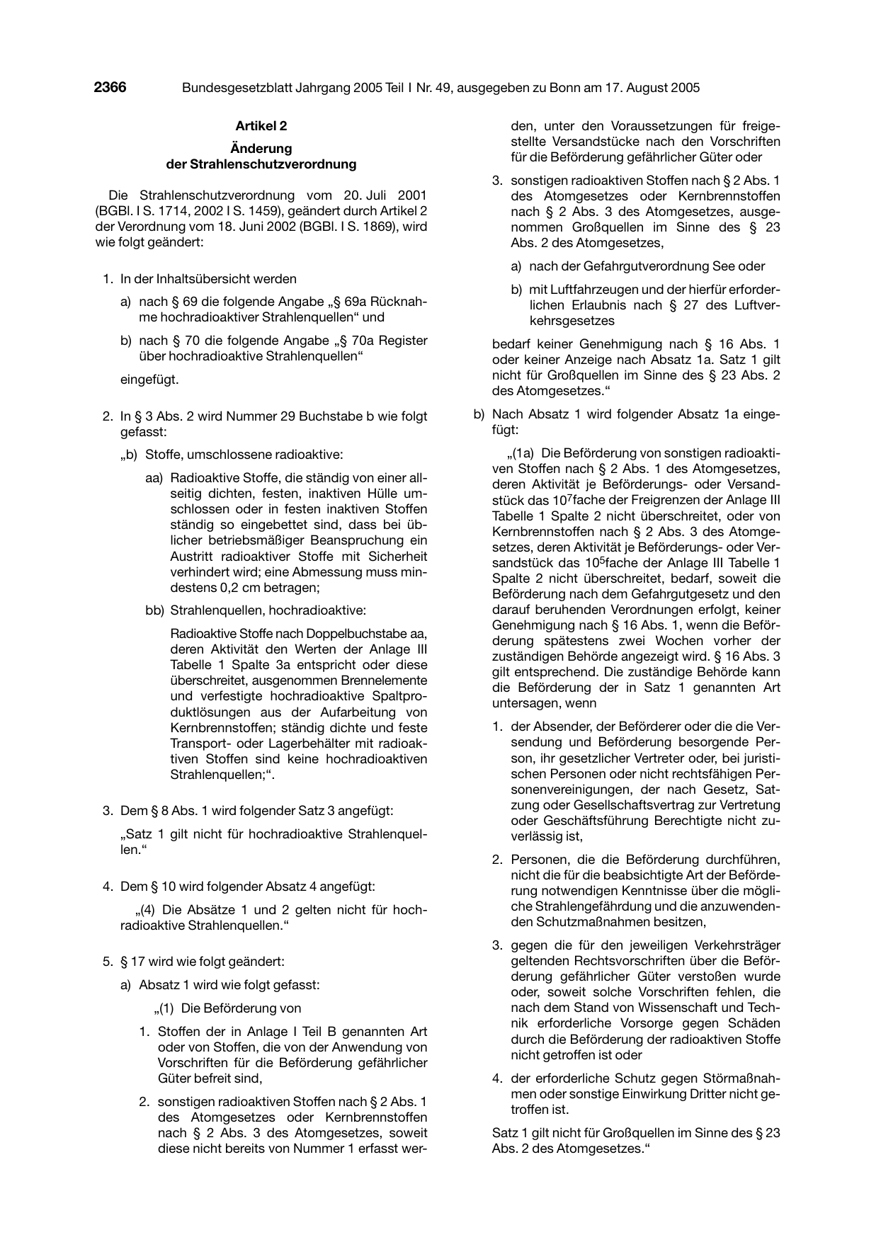 BGBl. 2005, Seite 2366 — Originalseite als Abbildung