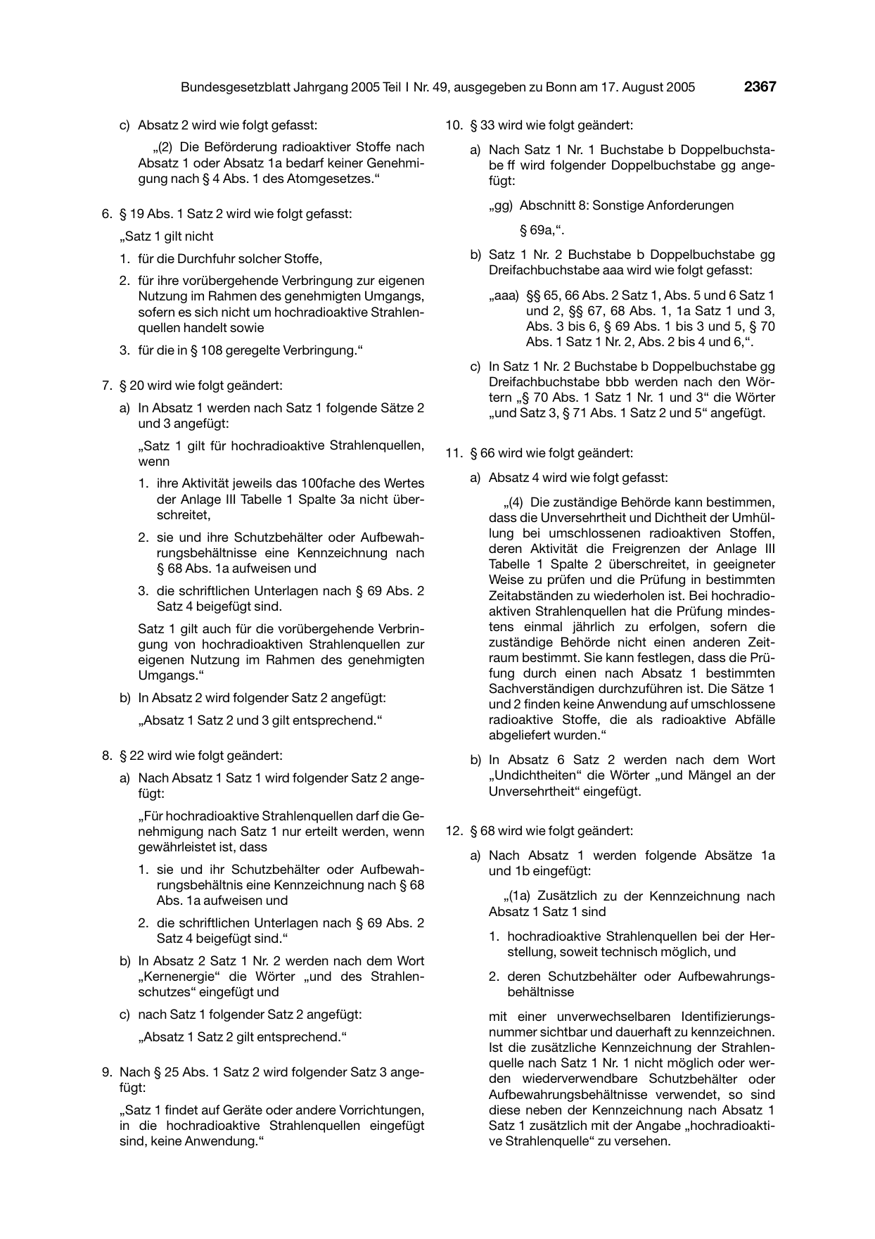 BGBl. 2005, Seite 2367 — Originalseite als Abbildung