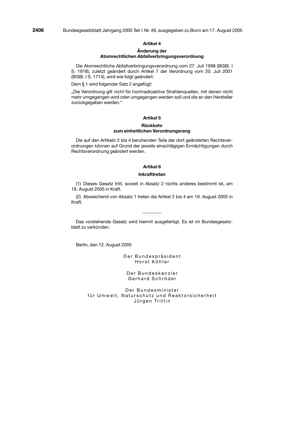 BGBl. 2005, Seite 2406 — Originalseite als Abbildung