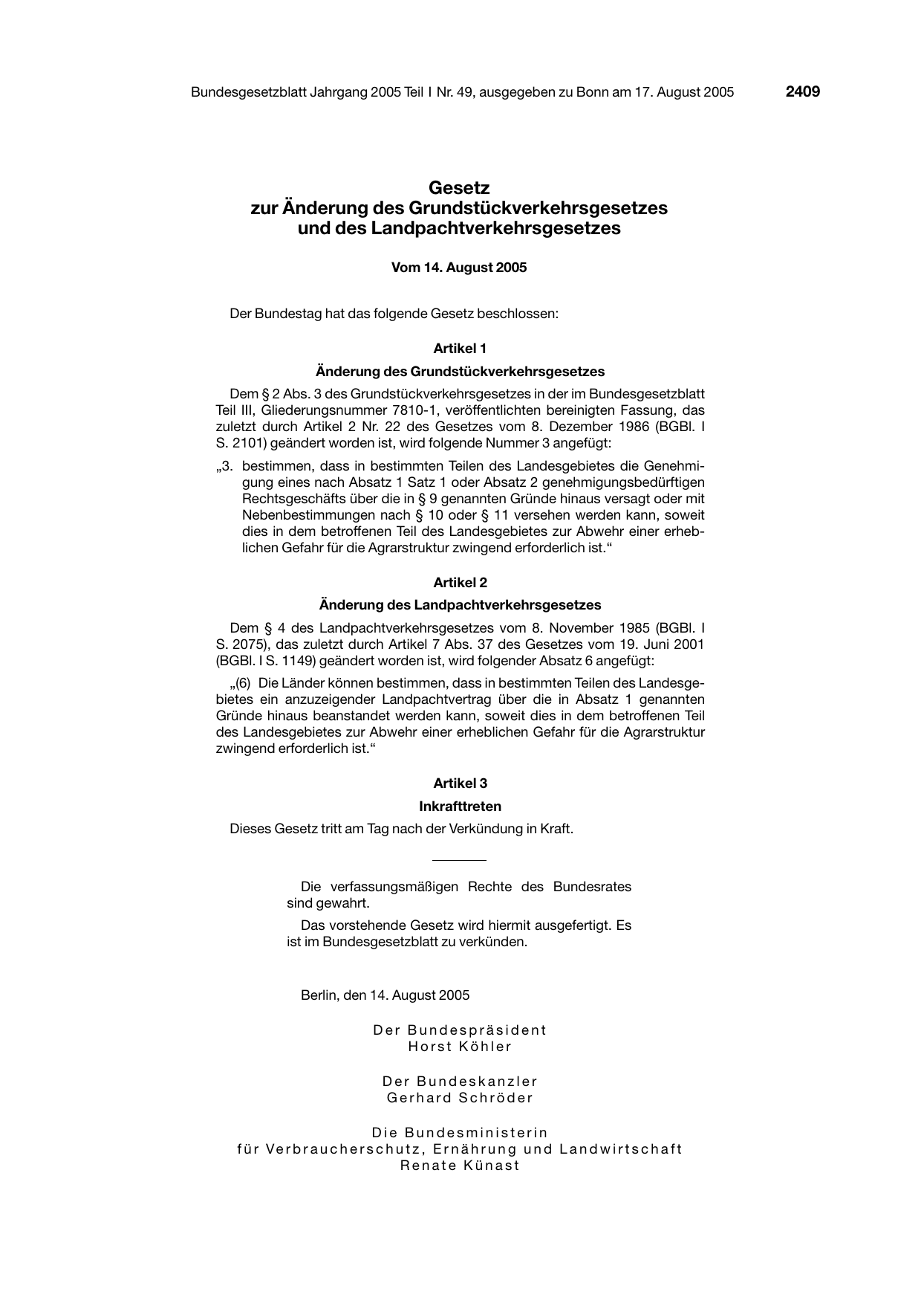 BGBl. 2005, Seite 2409 — Originalseite als Abbildung