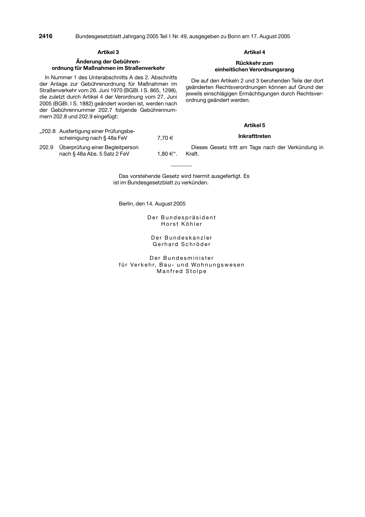 BGBl. 2005, Seite 2416 — Originalseite als Abbildung