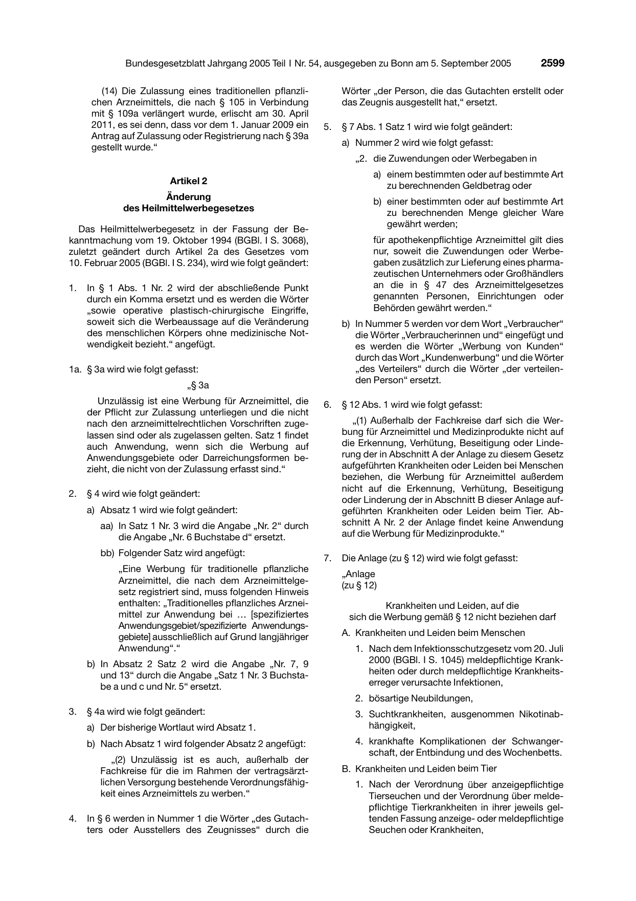 BGBl. 2005, Seite 2599 — Originalseite als Abbildung