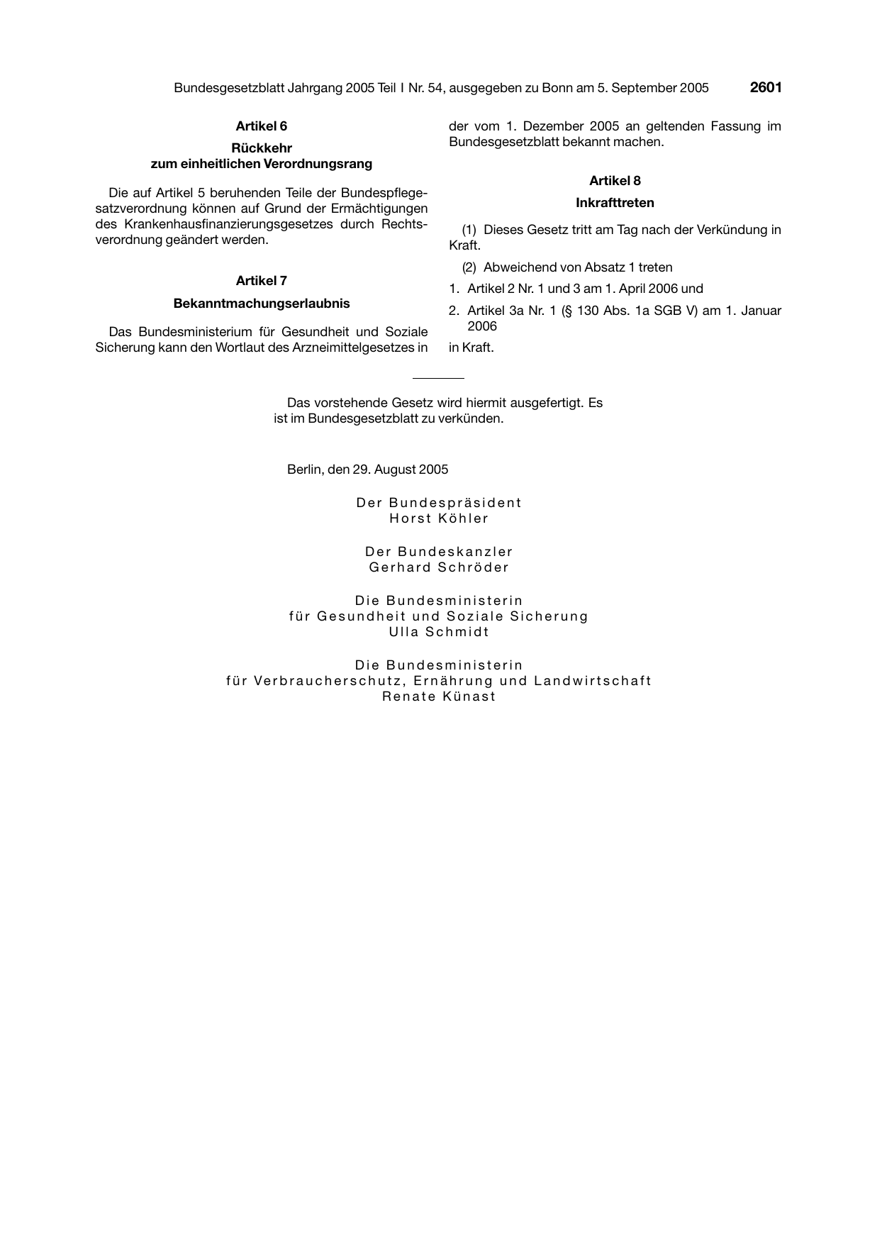 BGBl. 2005, Seite 2601 — Originalseite als Abbildung