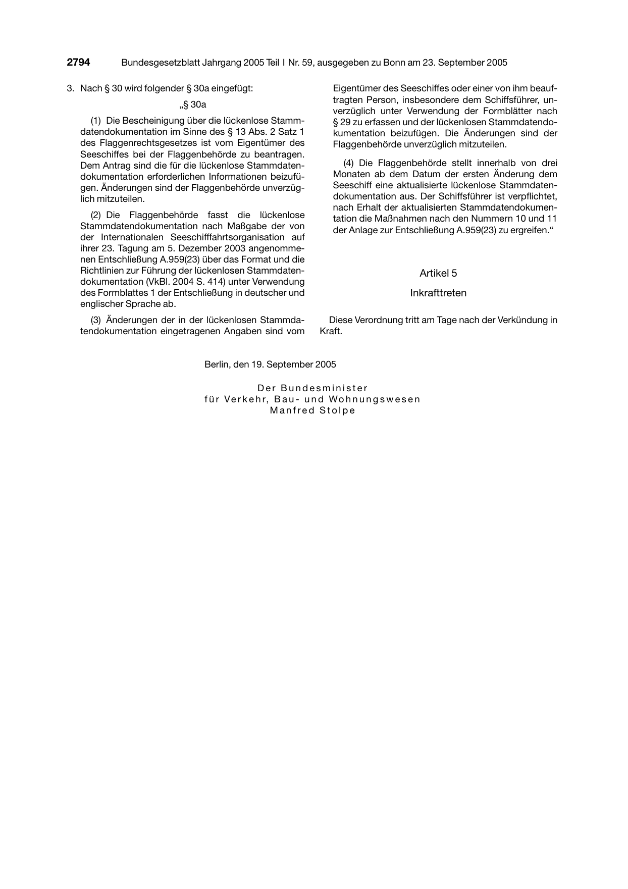 BGBl. 2005, Seite 2794 — Originalseite als Abbildung