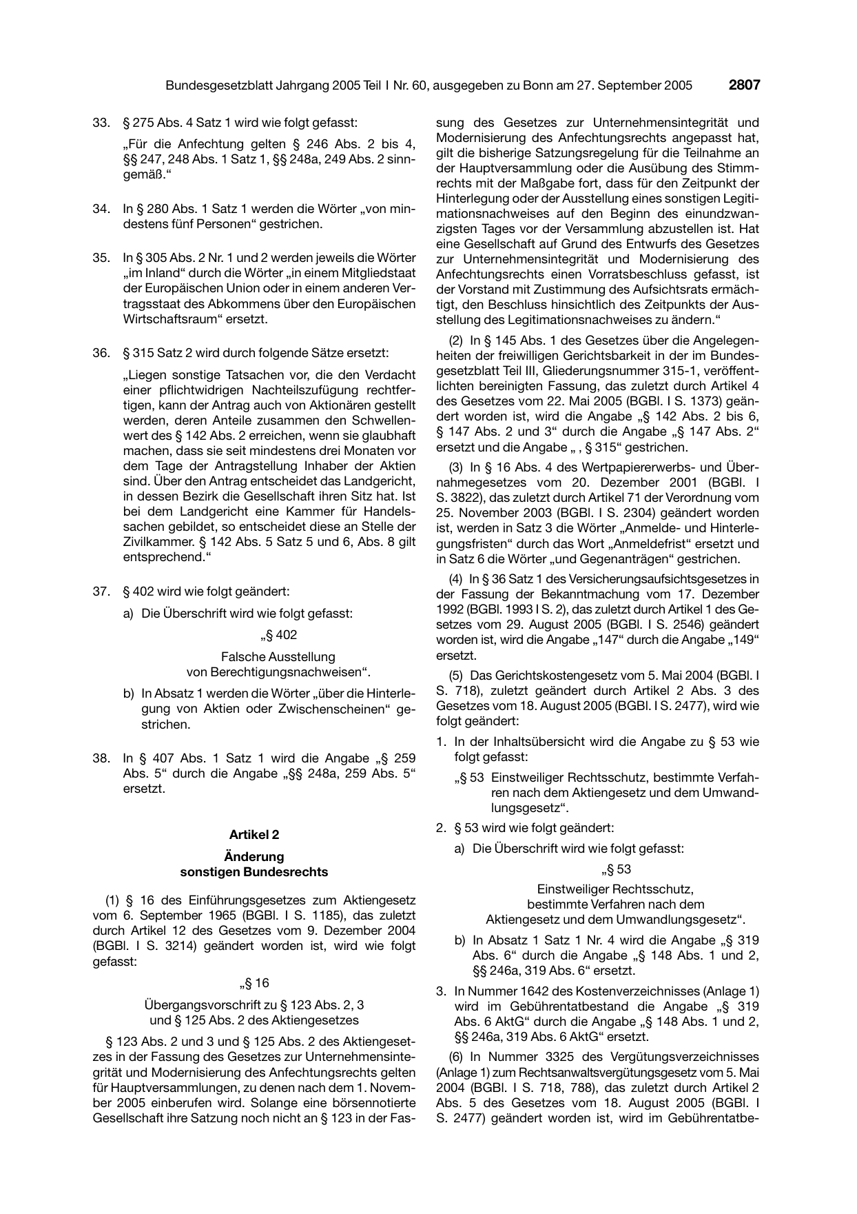 BGBl. 2005, Seite 2807 — Originalseite als Abbildung