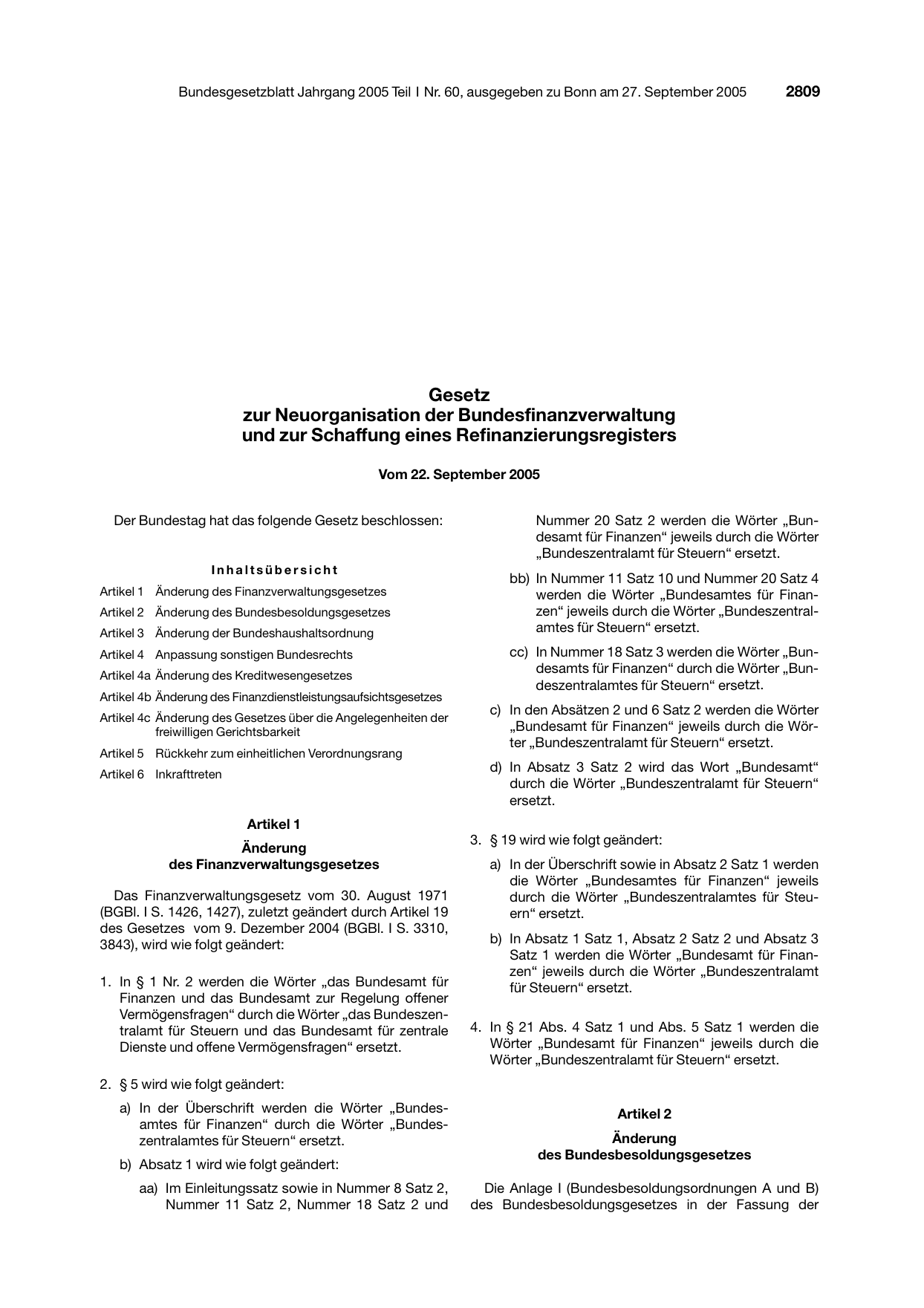 BGBl. 2005, Seite 2809 — Originalseite als Abbildung