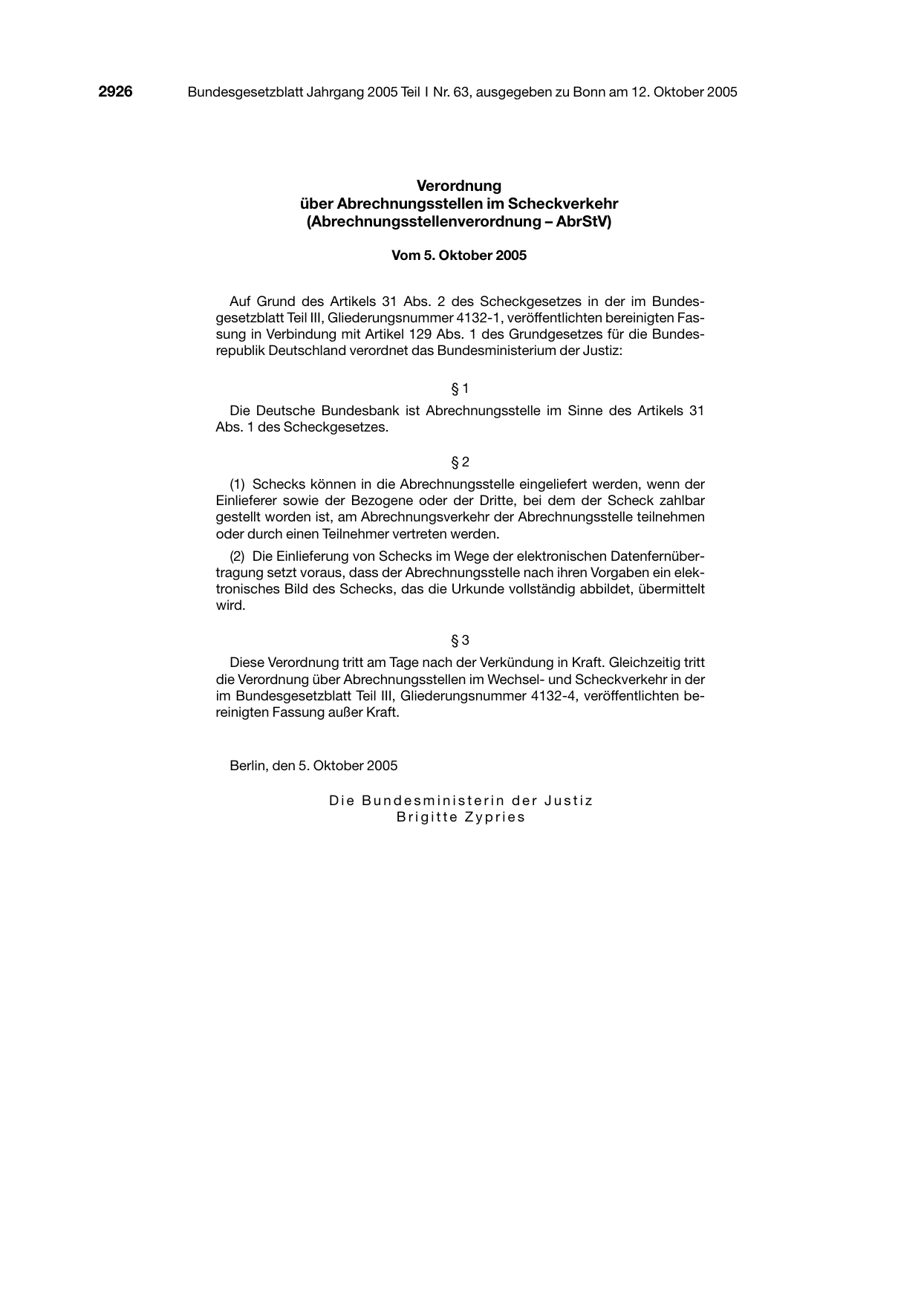 BGBl. 2005, Seite 2926 — Originalseite als Abbildung
