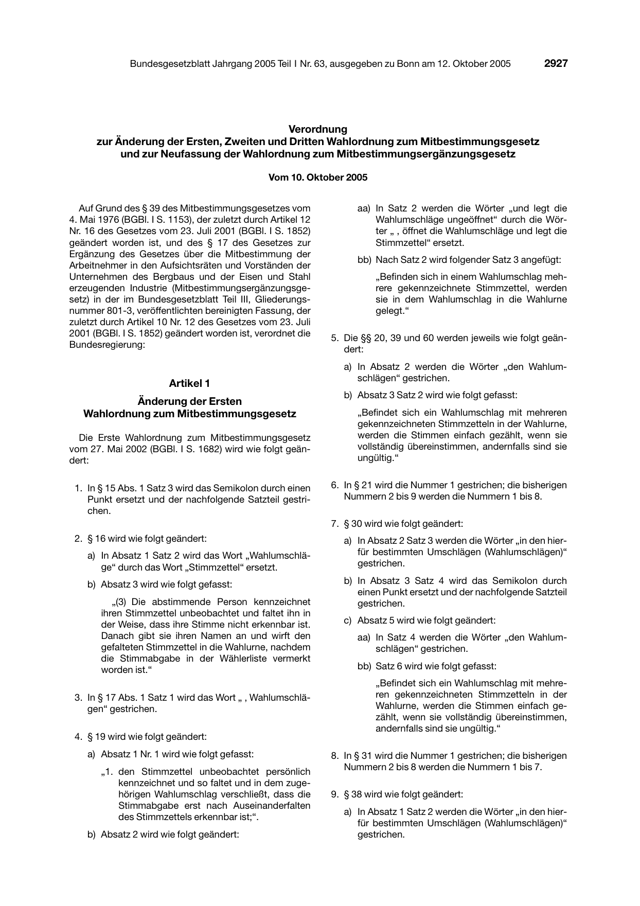 BGBl. 2005, Seite 2927 — Originalseite als Abbildung