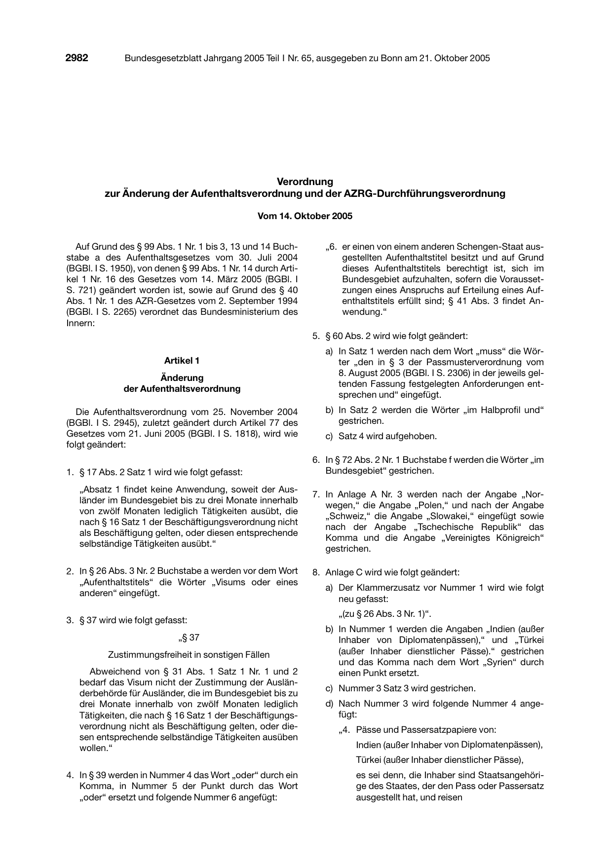 BGBl. 2005, Seite 2982 — Originalseite als Abbildung