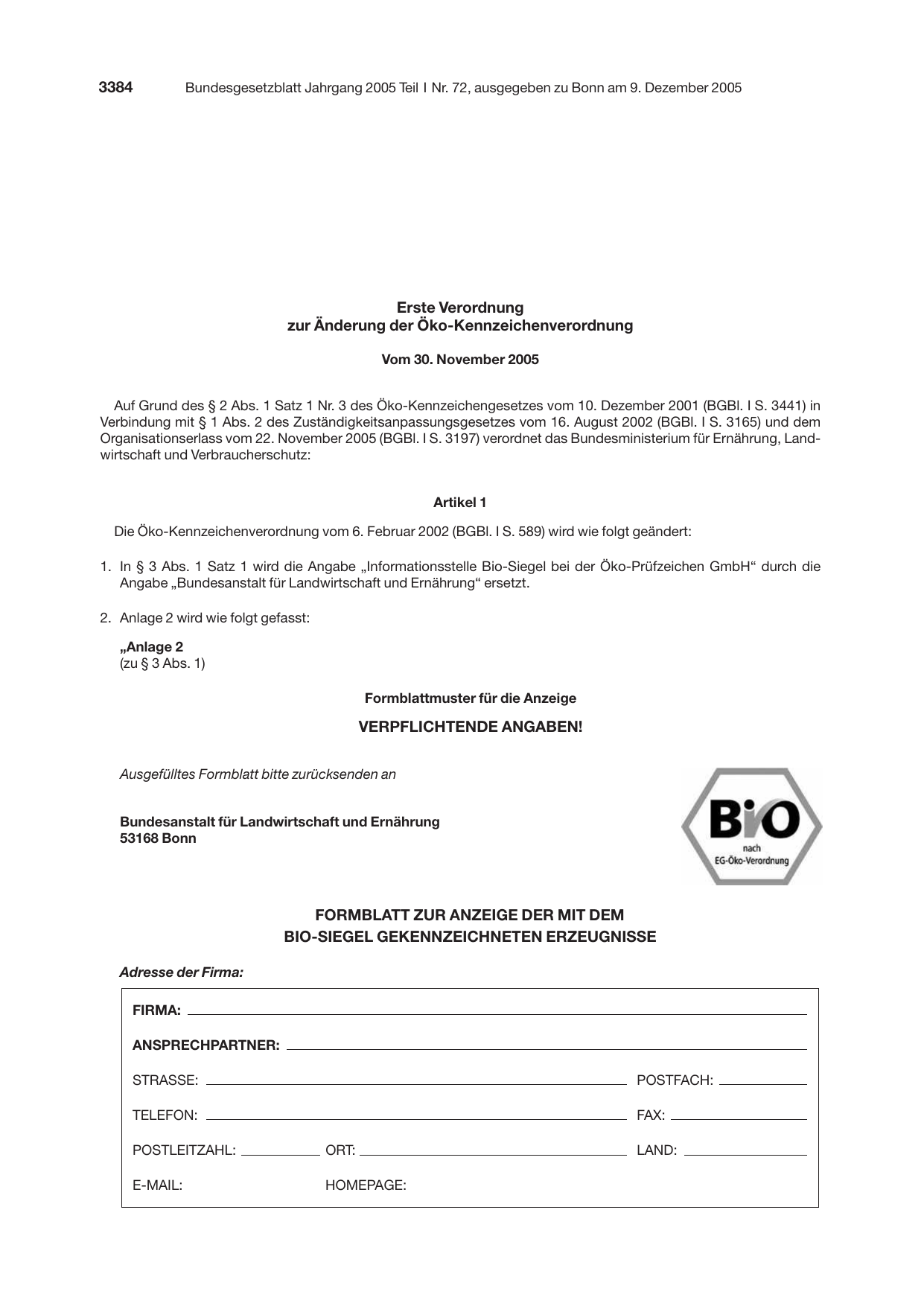 BGBl. 2005, Seite 3384 — Originalseite als Abbildung
