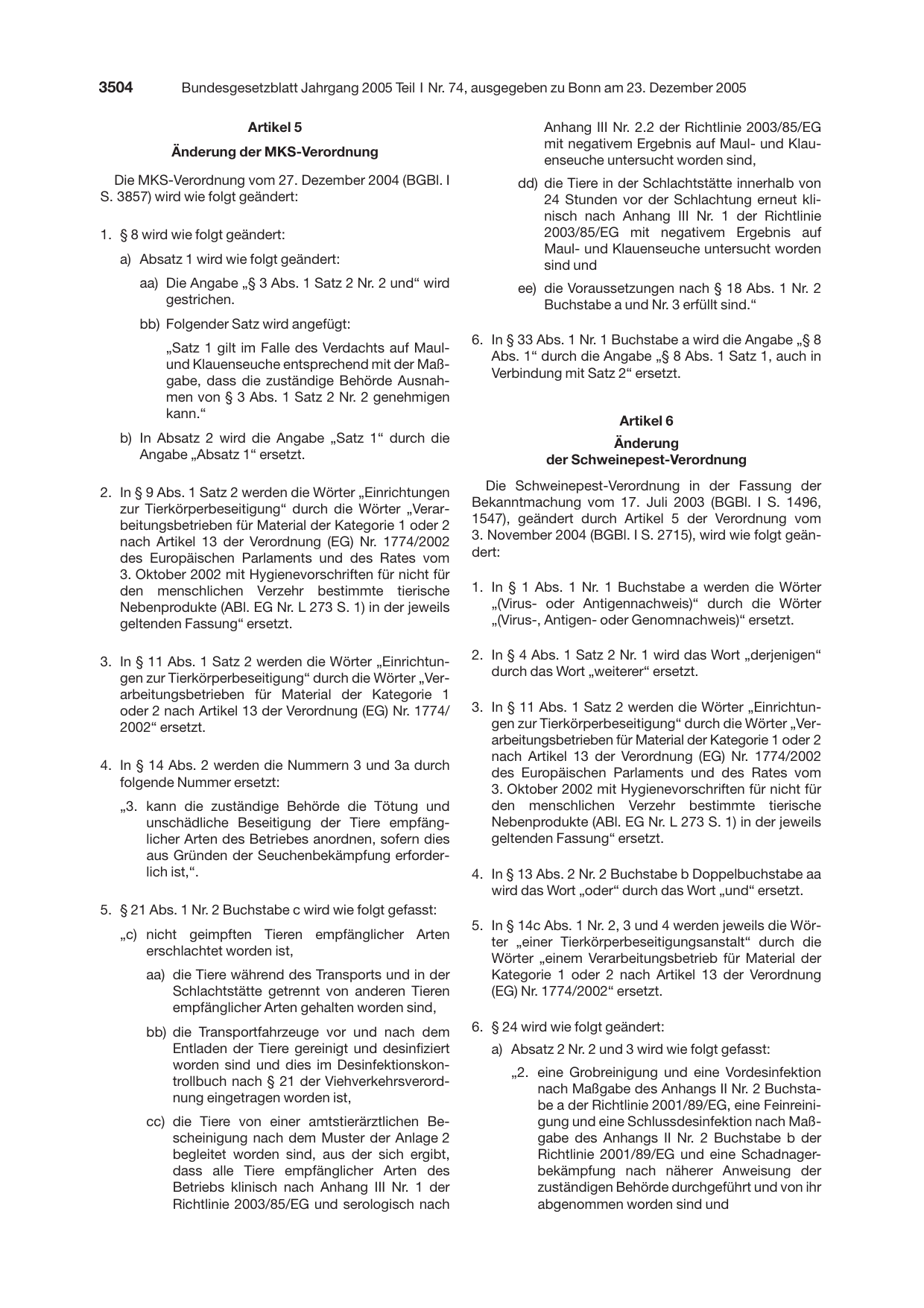 BGBl. 2005, Seite 3504 — Originalseite als Abbildung