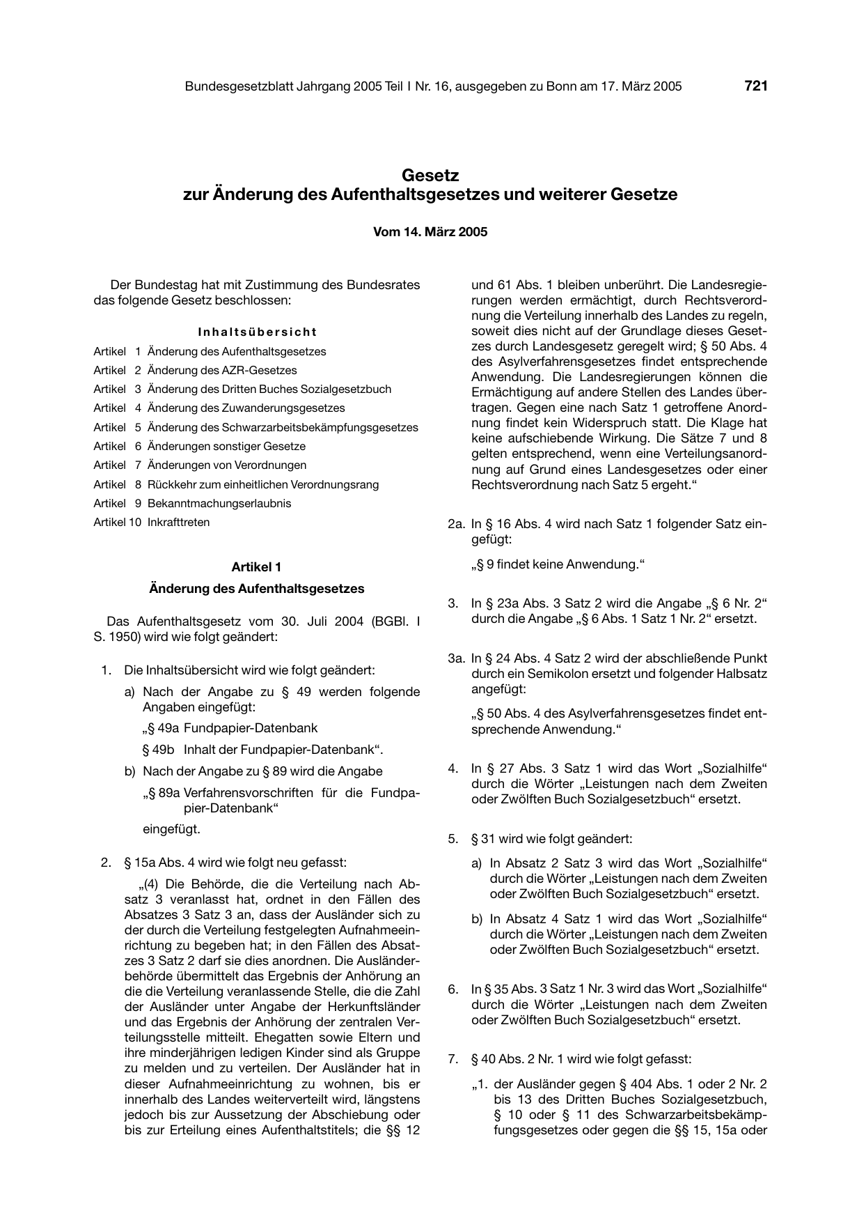 BGBl. 2005, Seite 721 — Originalseite als Abbildung