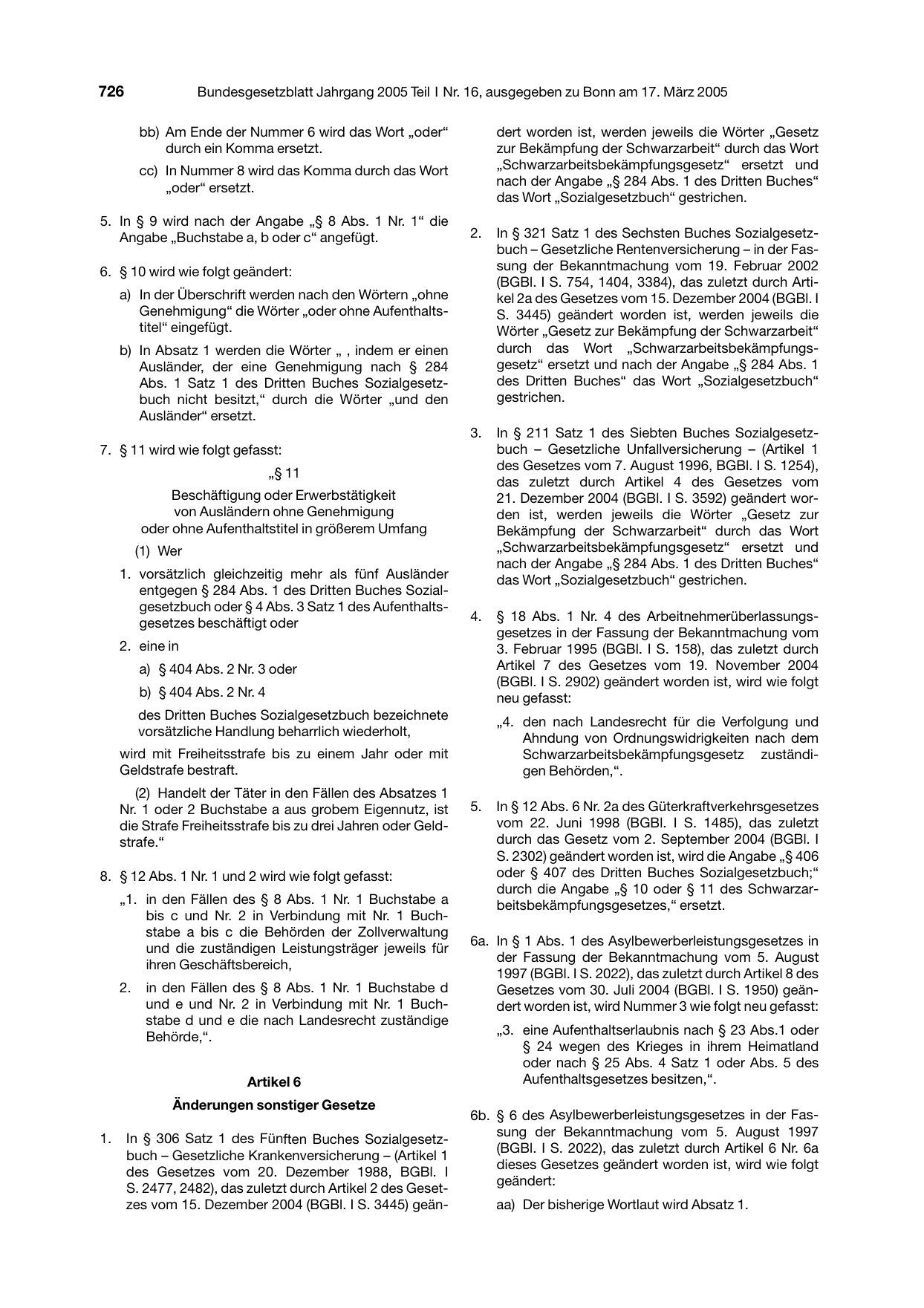 BGBl. 2005, Seite 726 — Originalseite als Abbildung