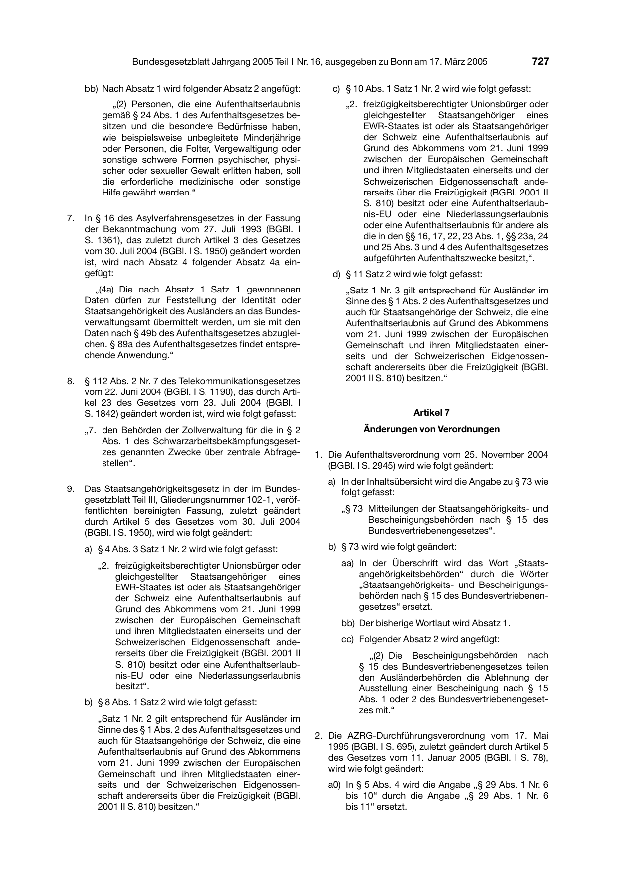 BGBl. 2005, Seite 727 — Originalseite als Abbildung