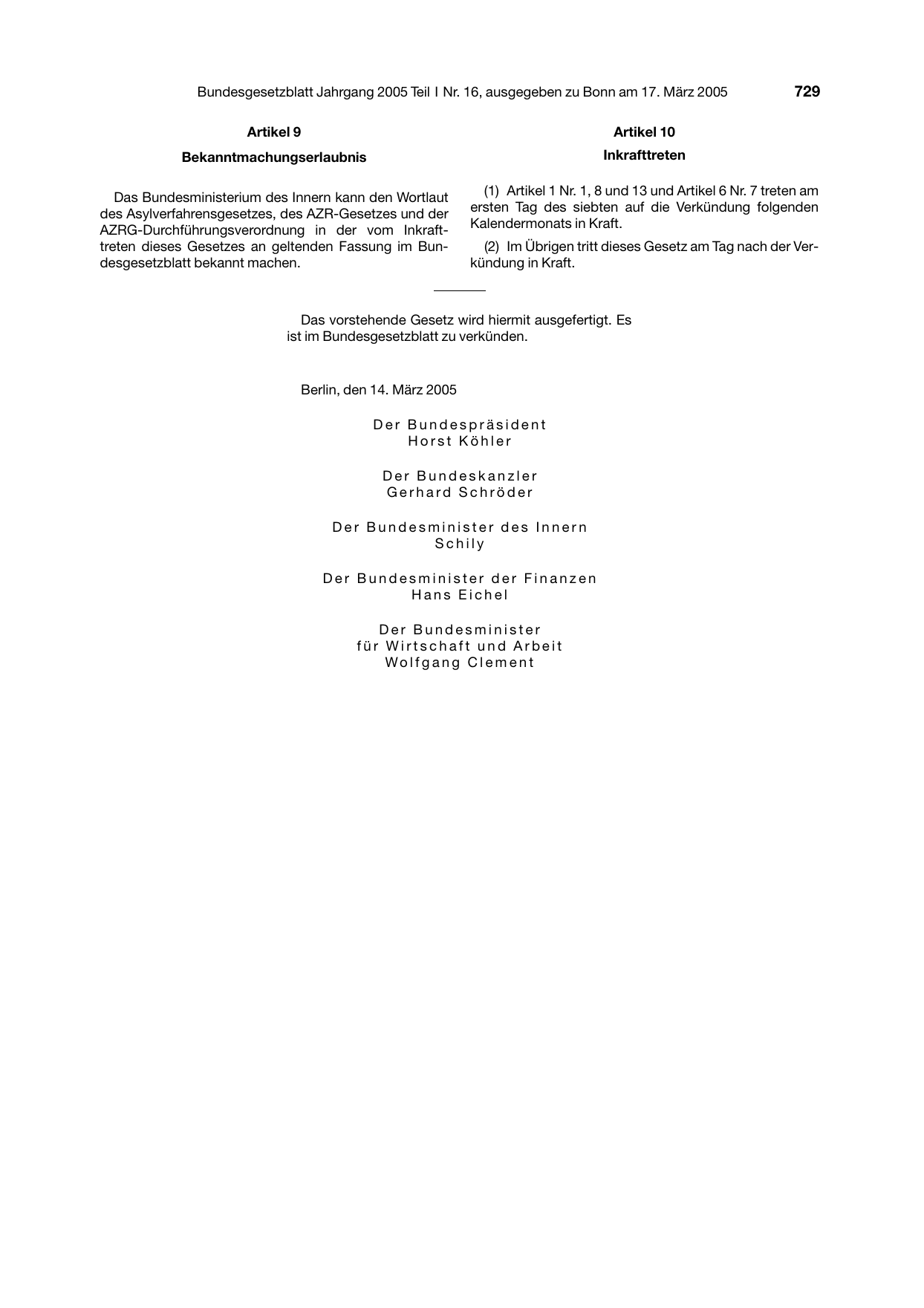 BGBl. 2005, Seite 729 — Originalseite als Abbildung