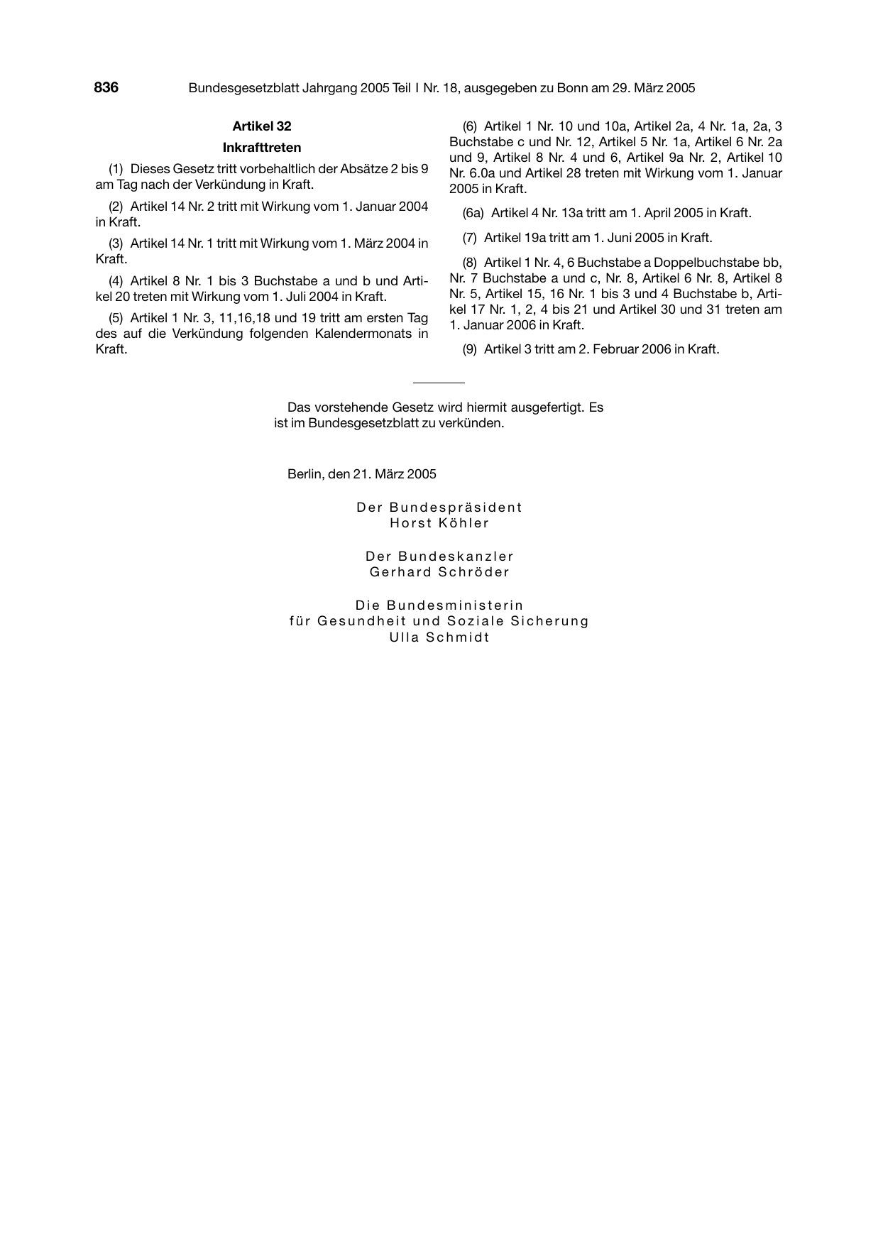 BGBl. 2005, Seite 836 — Originalseite als Abbildung