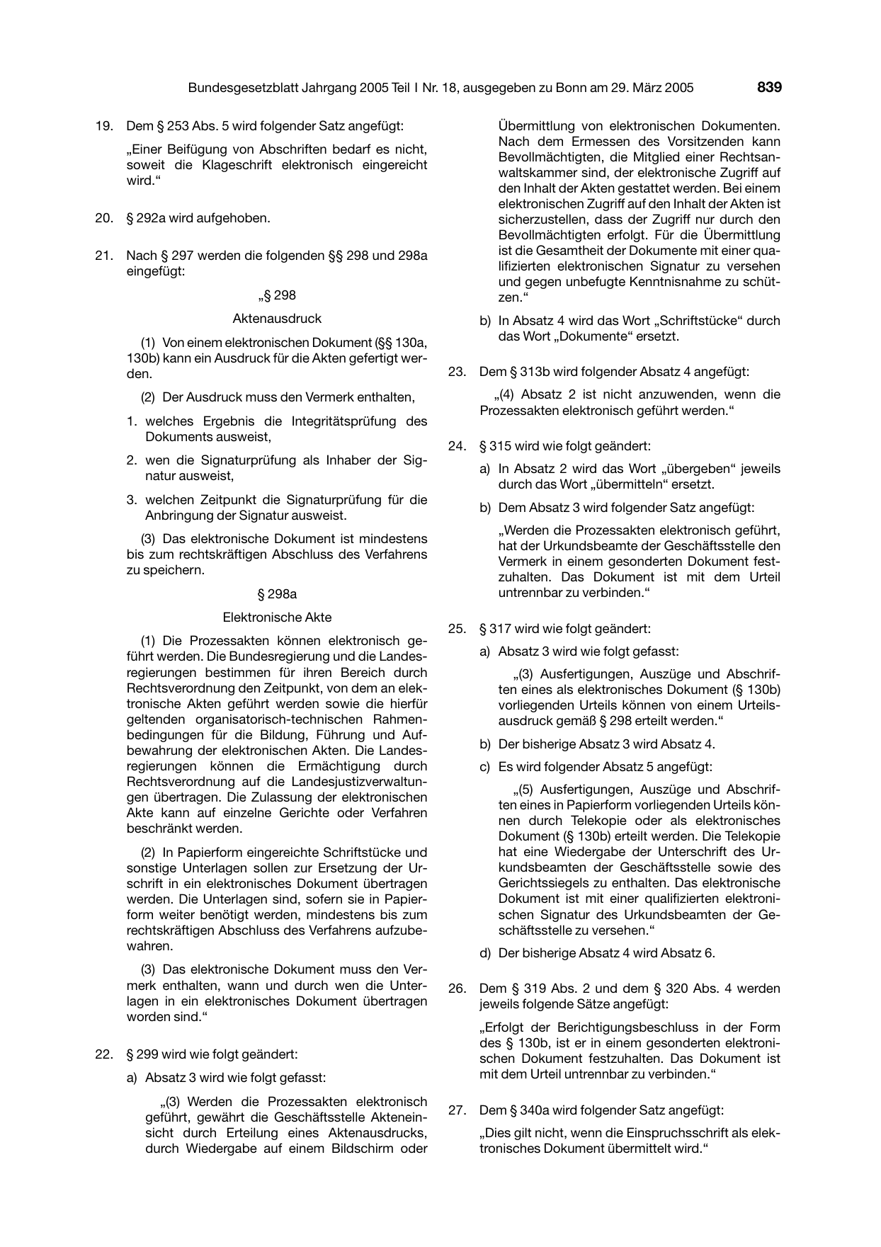 BGBl. 2005, Seite 839 — Originalseite als Abbildung