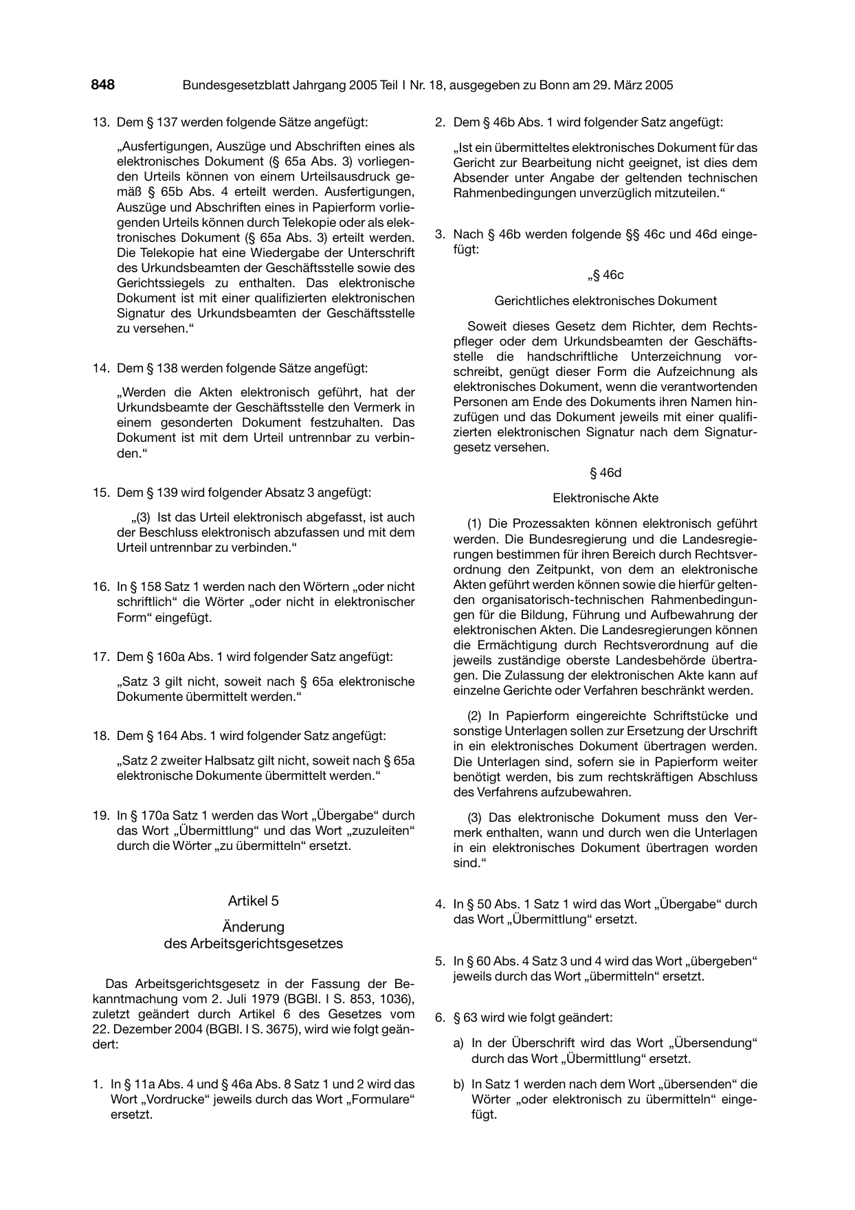BGBl. 2005, Seite 848 — Originalseite als Abbildung