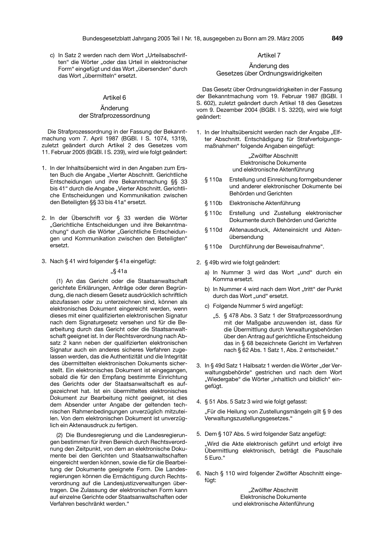 BGBl. 2005, Seite 849 — Originalseite als Abbildung