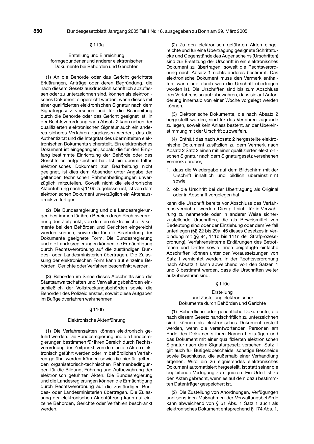 BGBl. 2005, Seite 850 — Originalseite als Abbildung