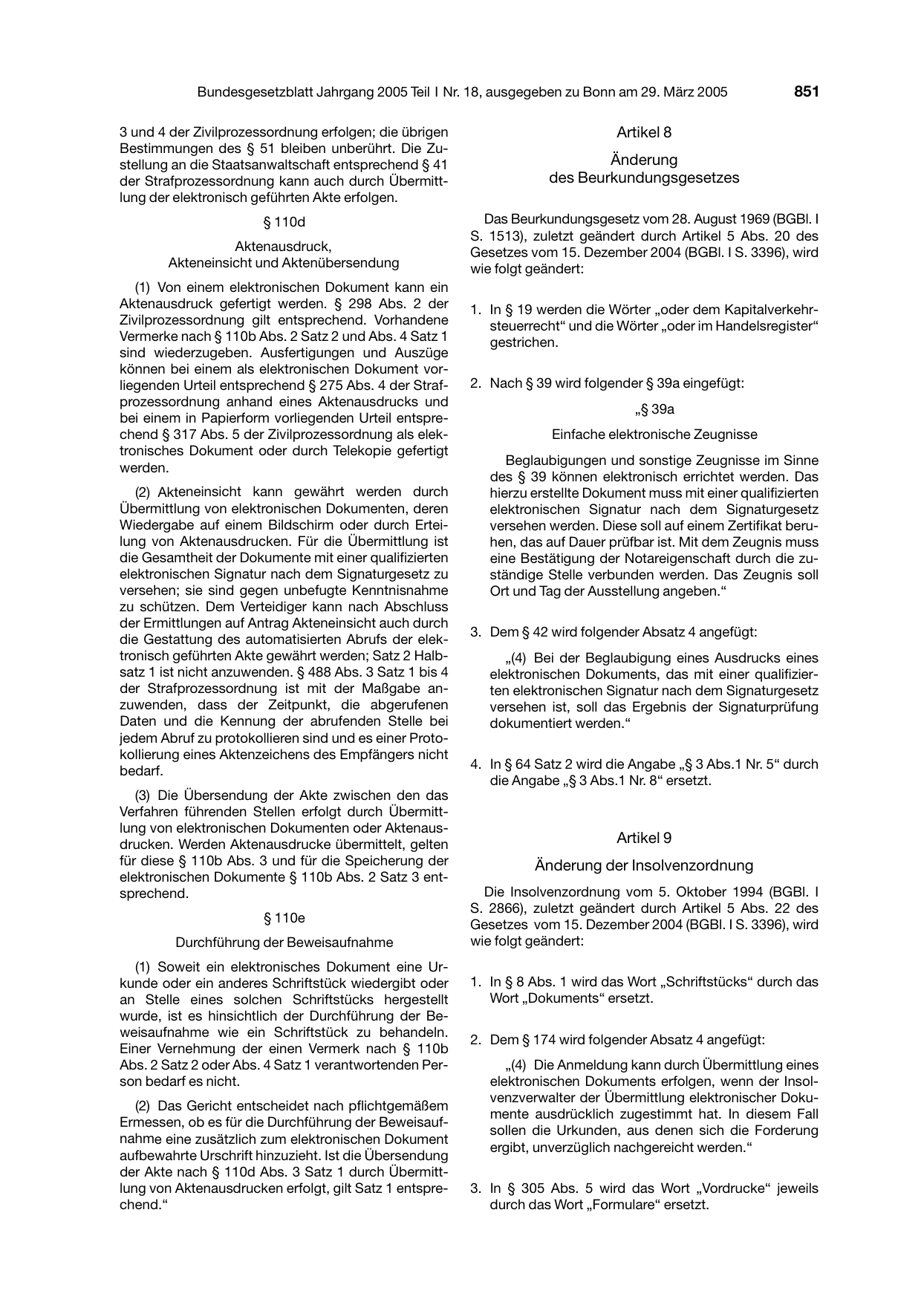 BGBl. 2005, Seite 851 — Originalseite als Abbildung