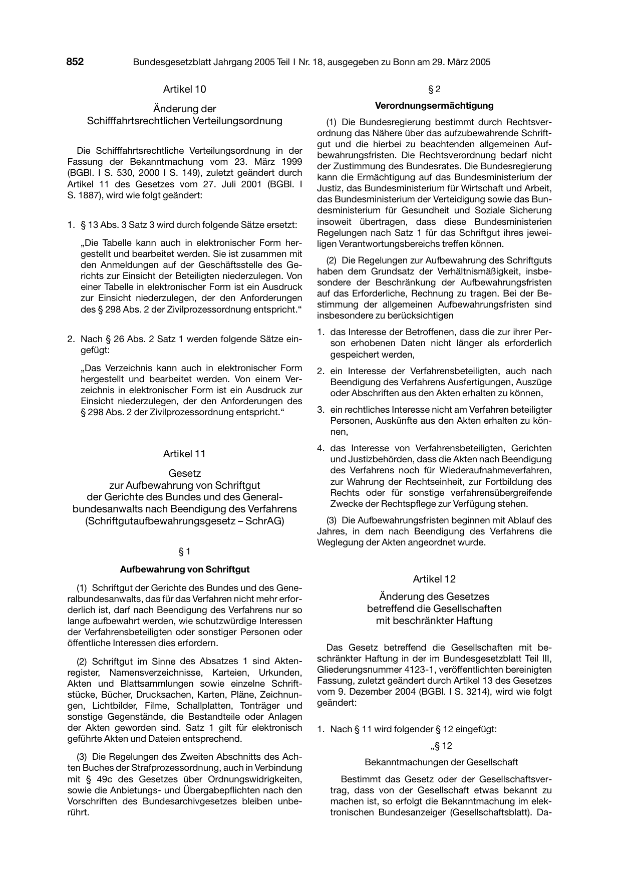 BGBl. 2005, Seite 852 — Originalseite als Abbildung