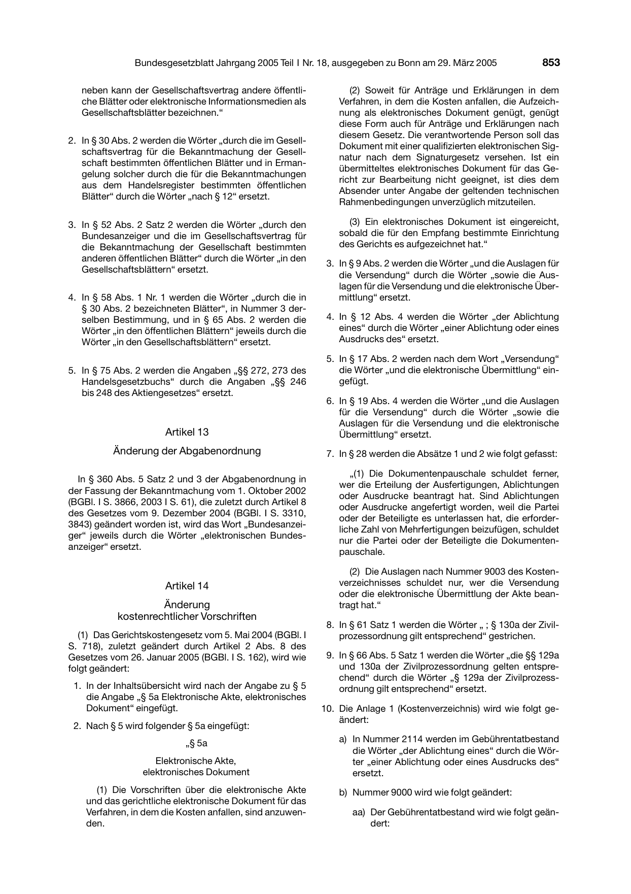 BGBl. 2005, Seite 853 — Originalseite als Abbildung