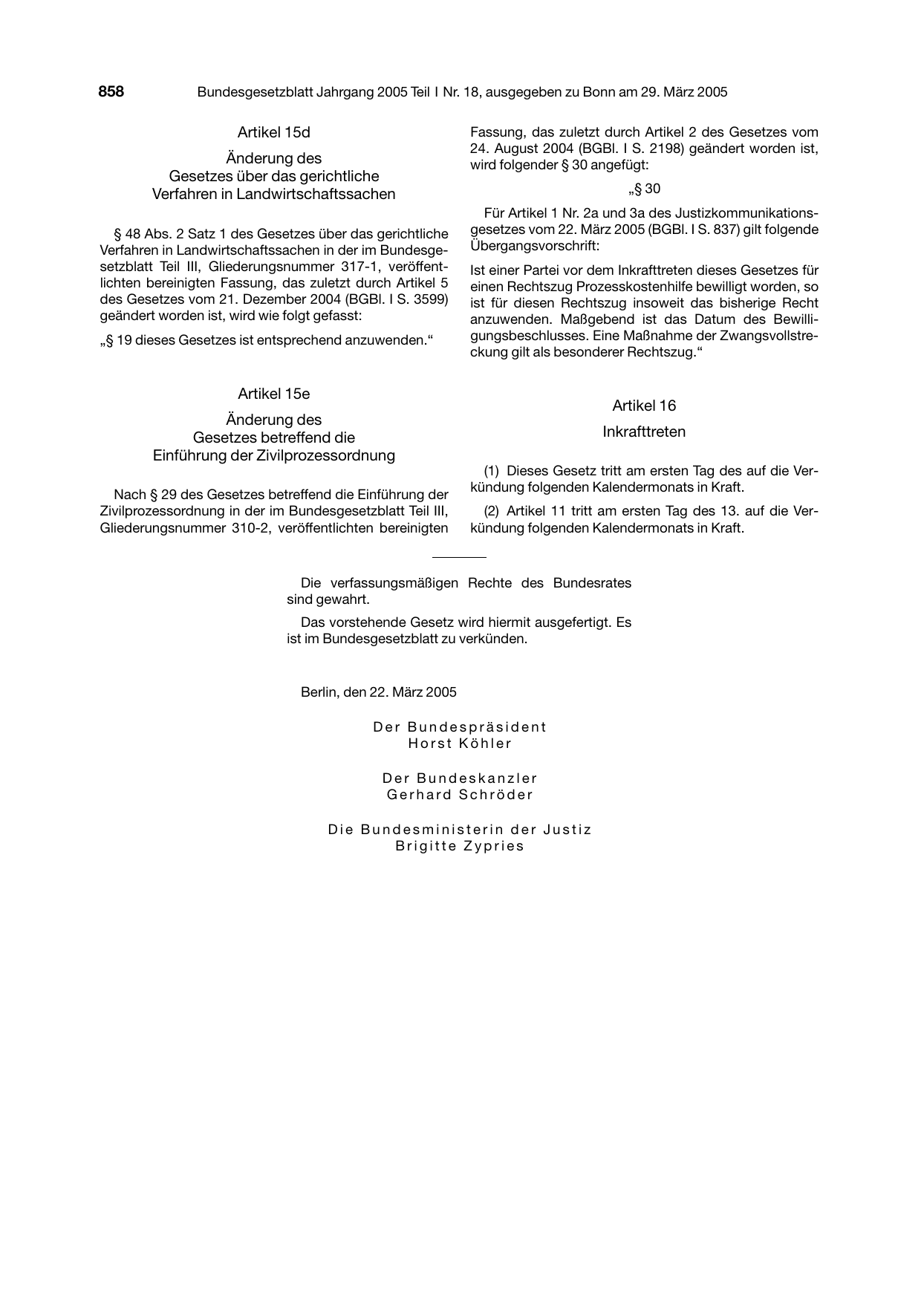 BGBl. 2005, Seite 858 — Originalseite als Abbildung