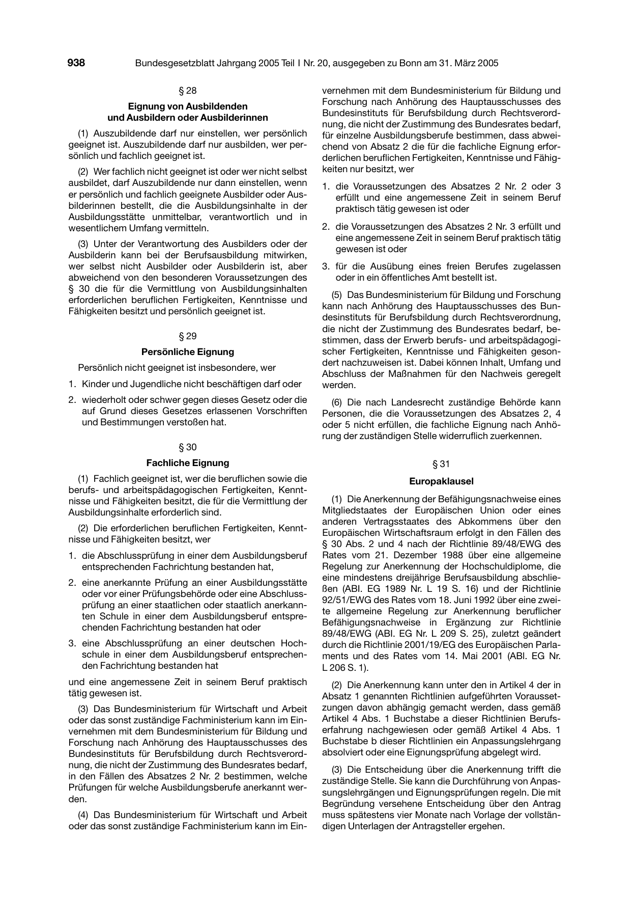 BGBl. 2005, Seite 938 — Originalseite als Abbildung