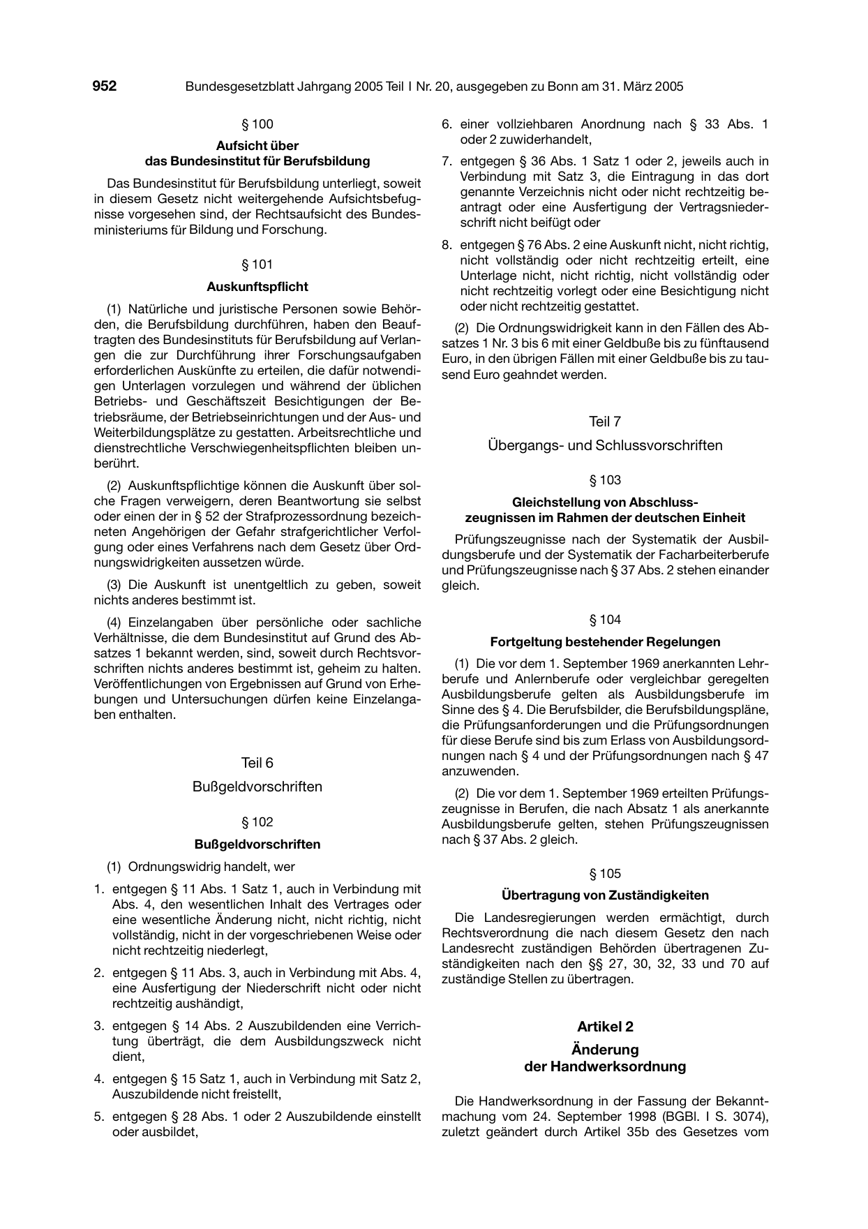 BGBl. 2005, Seite 952 — Originalseite als Abbildung