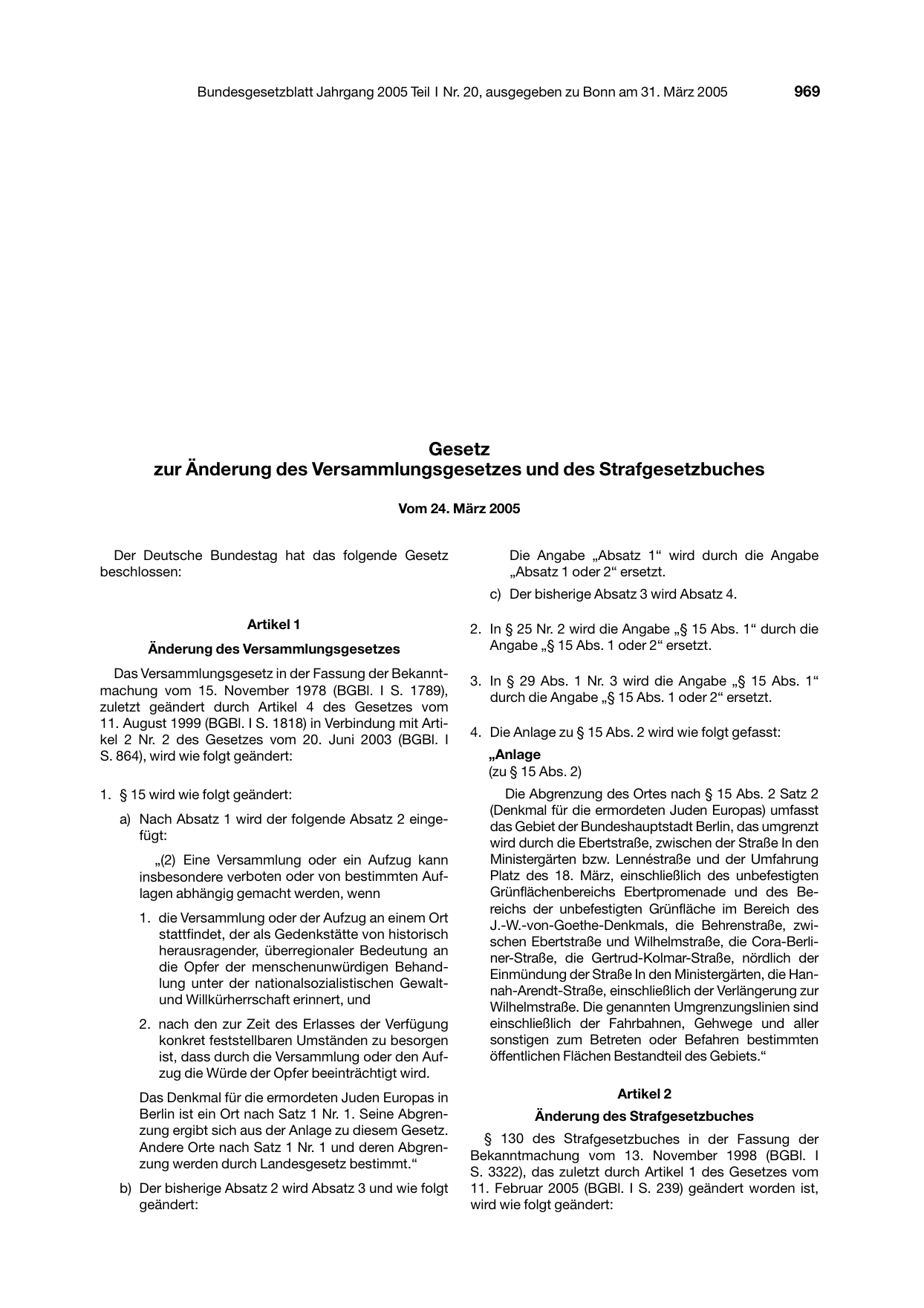 BGBl. 2005, Seite 969 — Originalseite als Abbildung