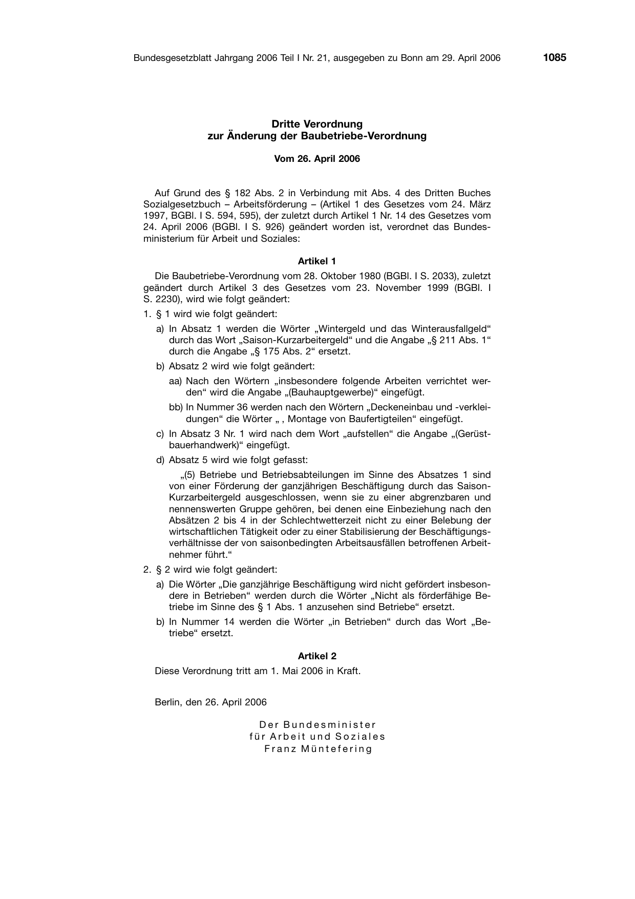 BGBl. 2006, Seite 1085 — Originalseite als Abbildung